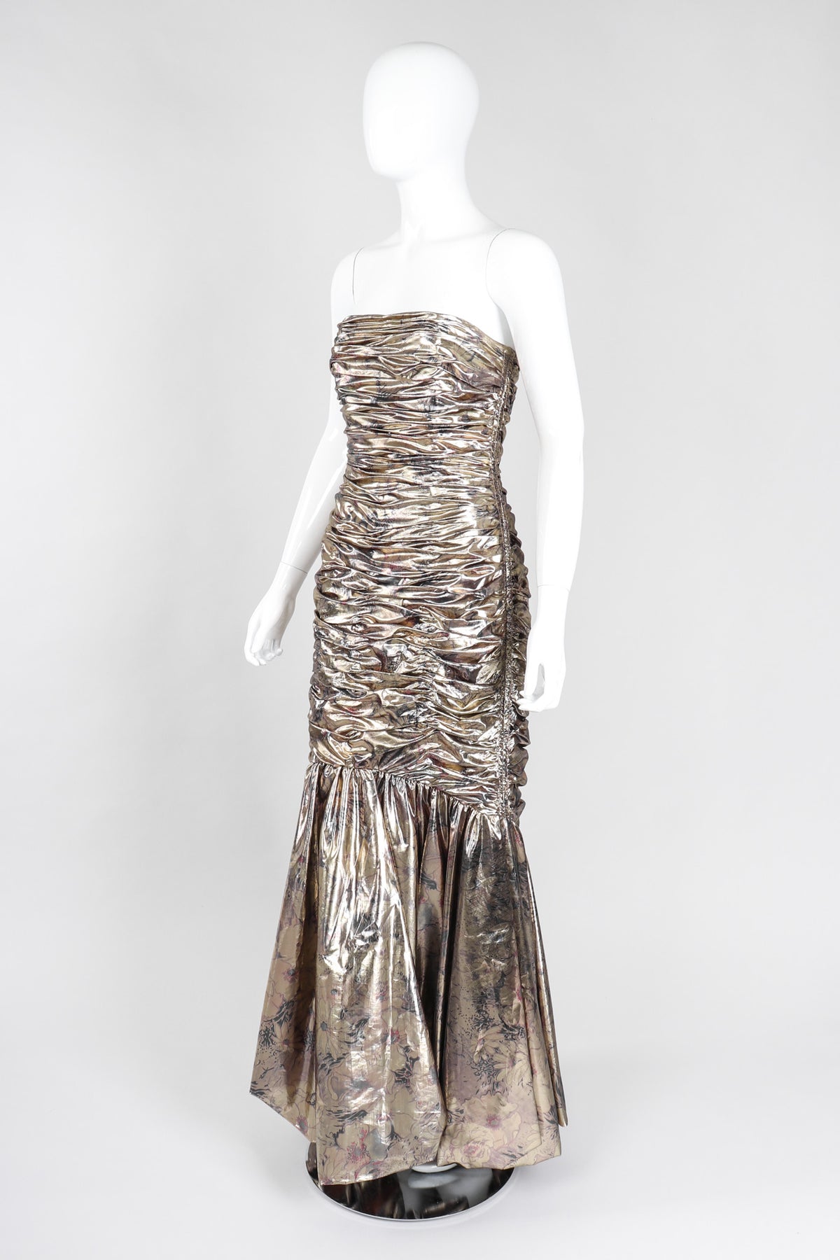 neiman marcus gold dress Vintage Ruched Liquid Lamé Gown – Recess Ivory Floral Belted Mini modest skirt Size:14/48