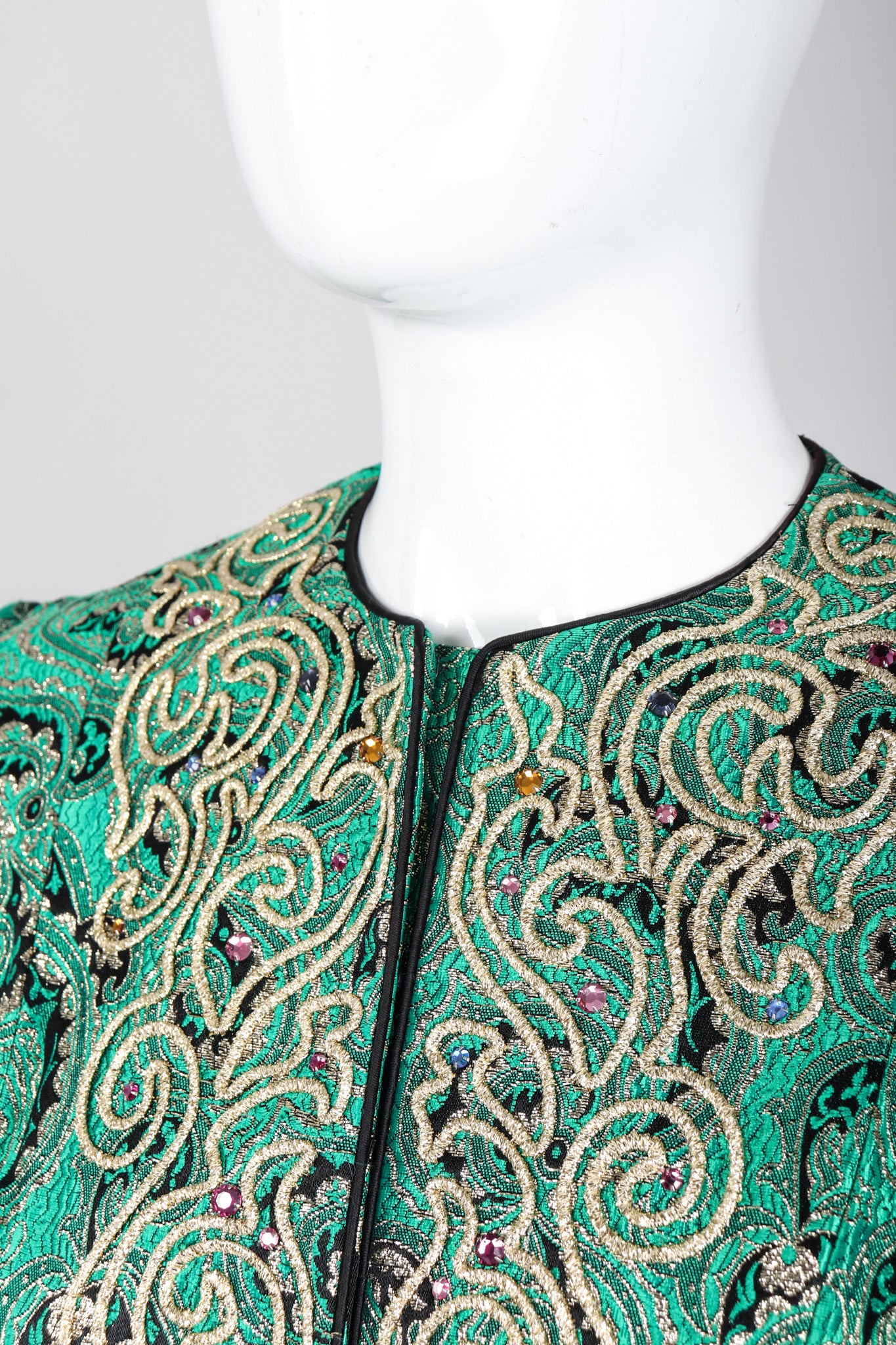 Recess Los Angeles Vintage Neiman Marcus Emerald Jeweled Brocade Peplum Jacket