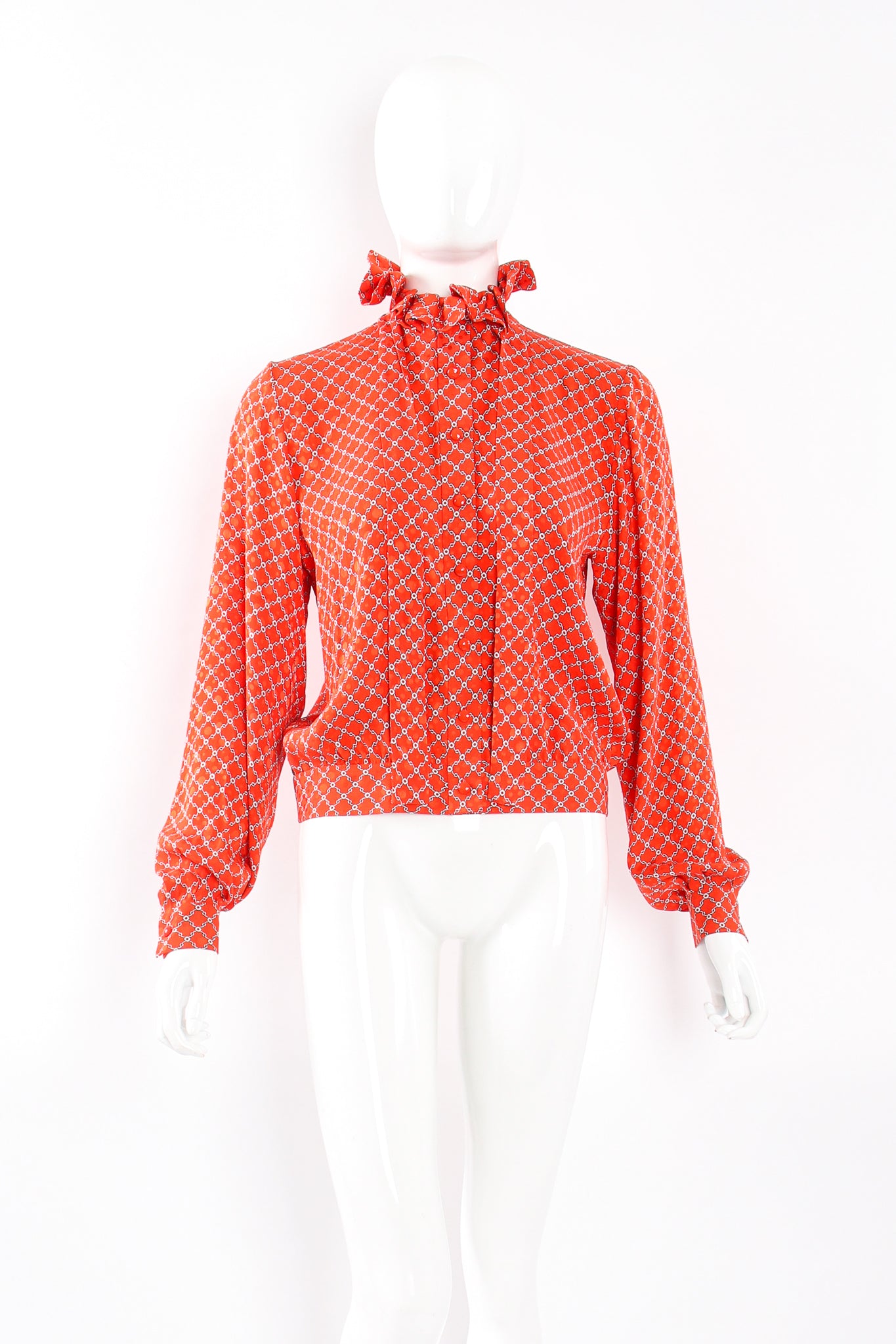 Vintage Nina Ricci Ruffle Collar Silk Blouse on Mannequin front untied at Recess Los Angeles