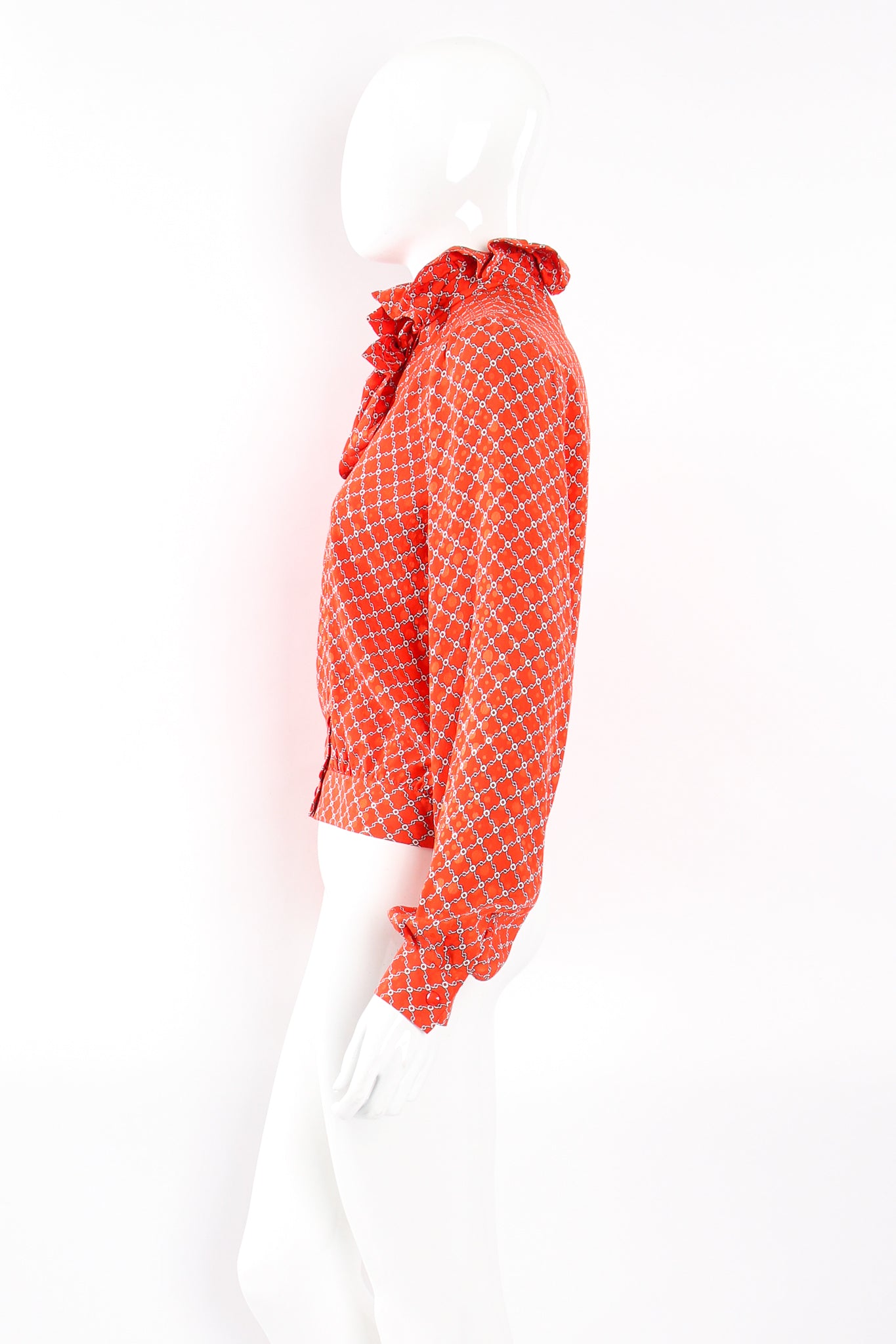 Vintage Nina Ricci Ruffle Collar Silk Blouse on Mannequin side at Recess Los Angeles