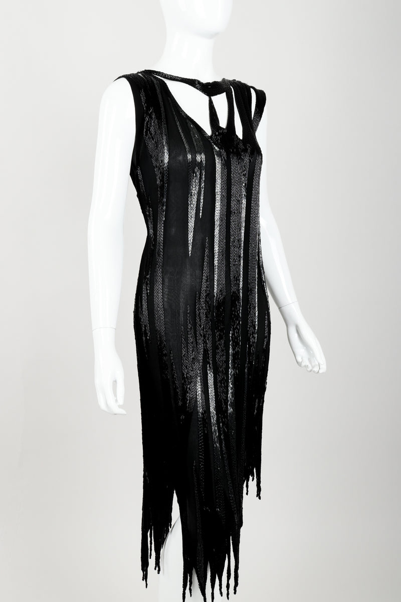 Vintage Asymmetrical Beaded Flame Cocktail Dress on Mannequin angled at Recess Los Angeles