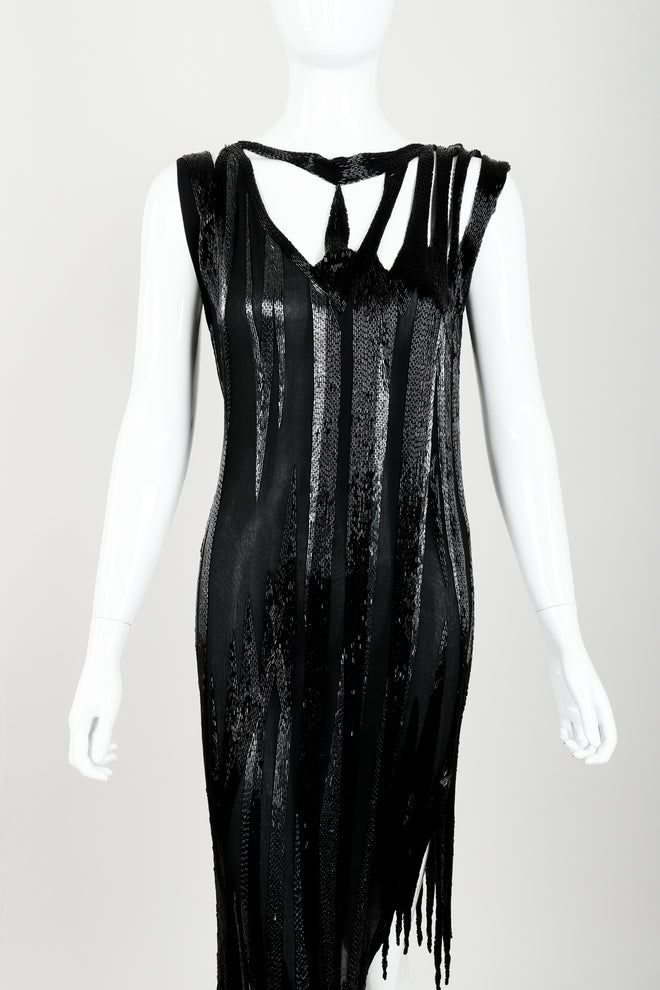 Vintage Asymmetrical Beaded Flame Cocktail Dress on Mannequin front quarter at Recess Los Angeles
