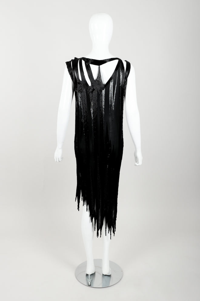 Vintage Asymmetrical Beaded Flame Cocktail Dress on Mannequin back at Recess Los Angeles