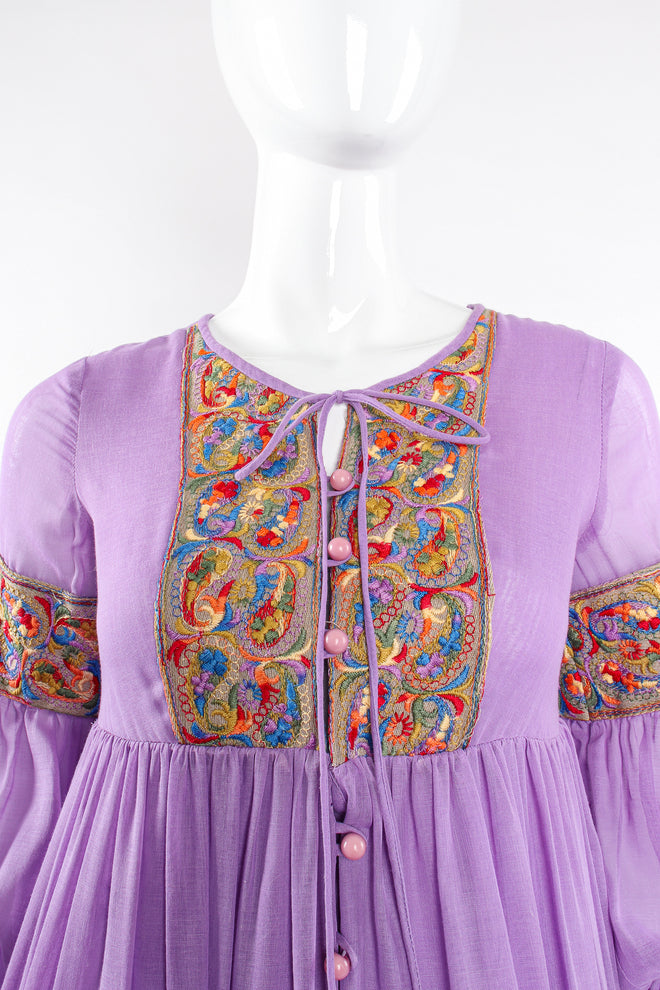 Vintage Beverly Paige Sheer Paisley Embroidered Peasant Dress on Mannequin bodice at Recess LA