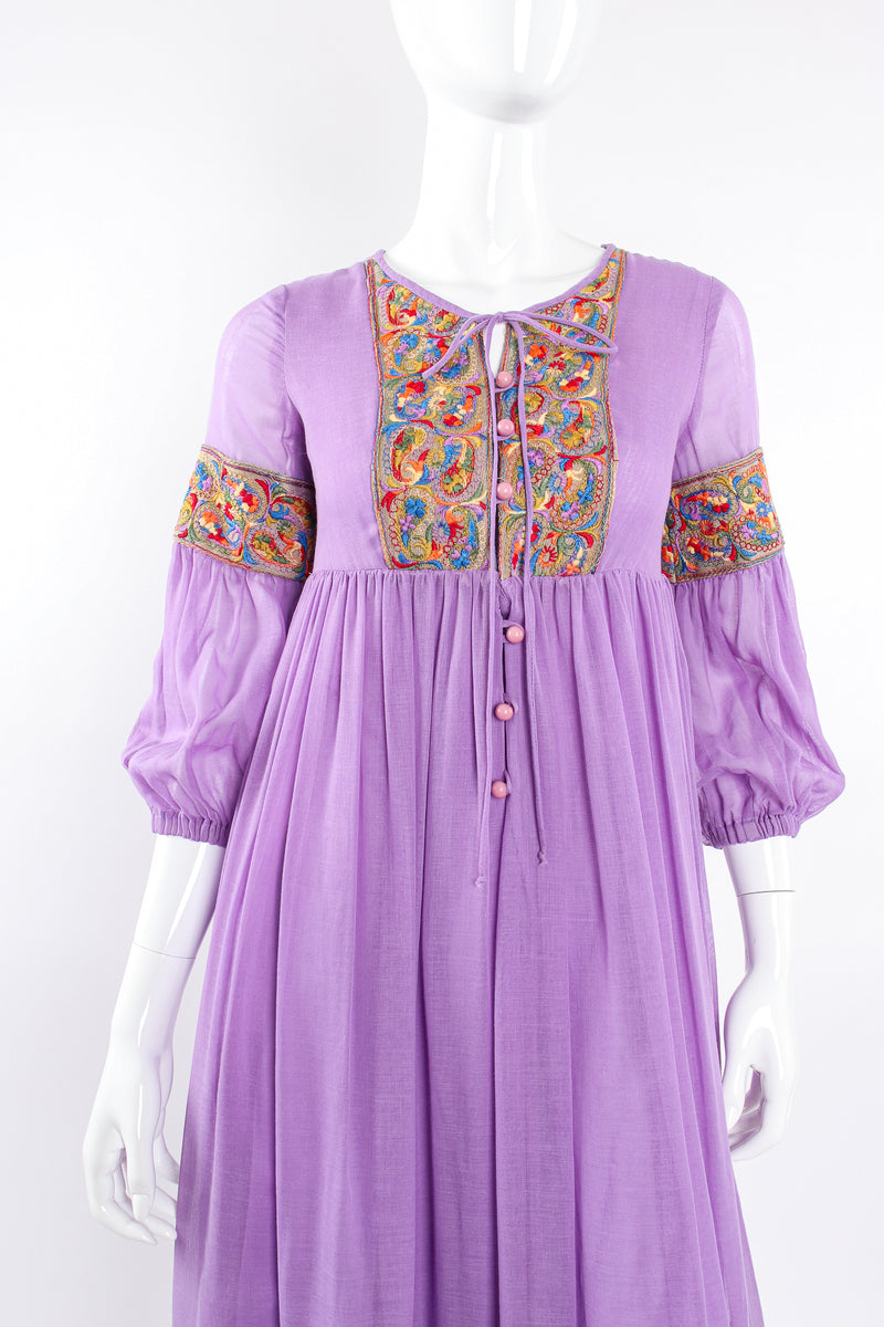 Vintage Beverly Paige Sheer Paisley Embroidered Peasant Dress on Mannequin front crop at Recess LA