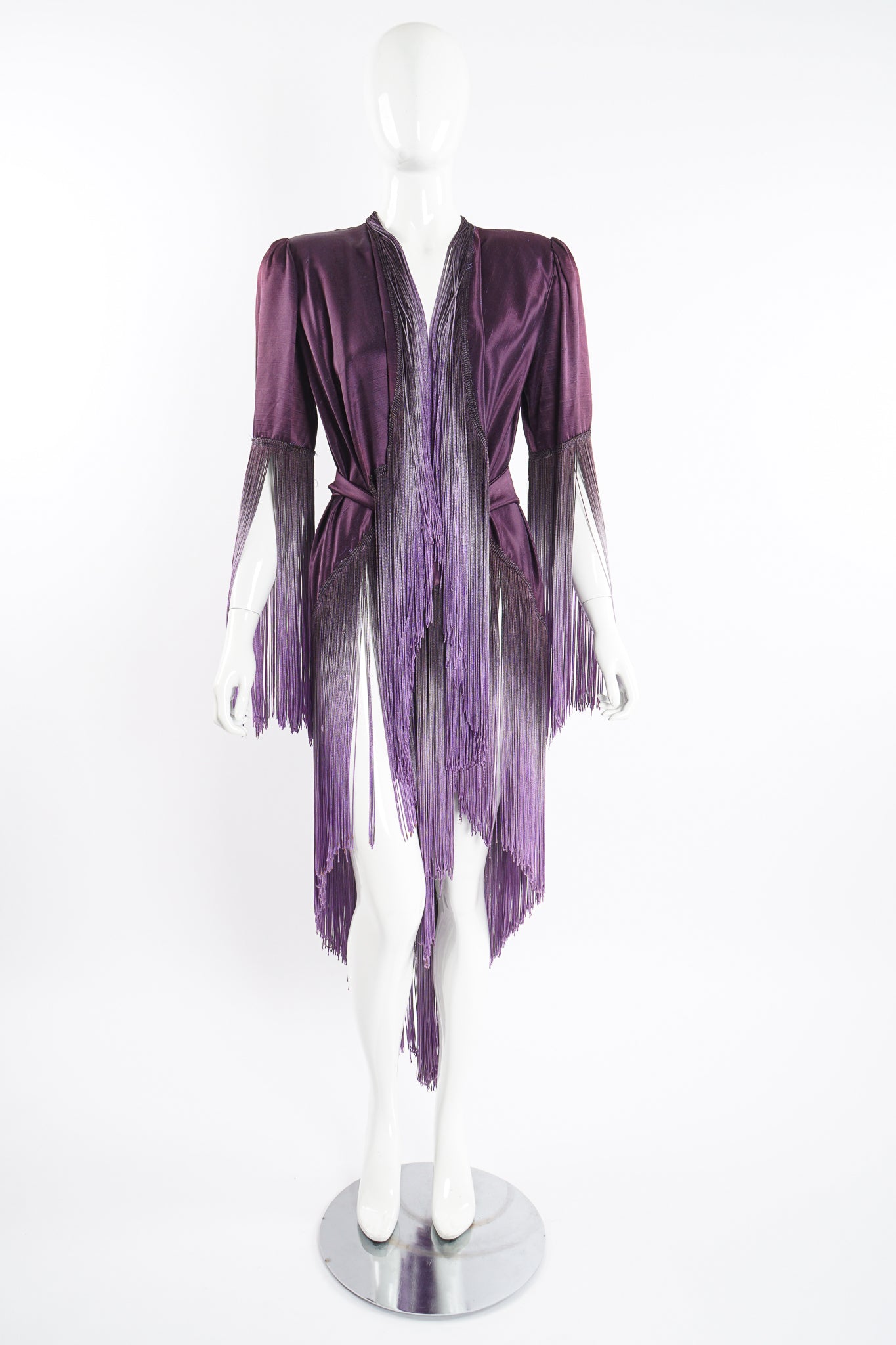 Vintage Ombré Fringe Shawl Jacket on Mannequin front belted at Recess Los Angeles