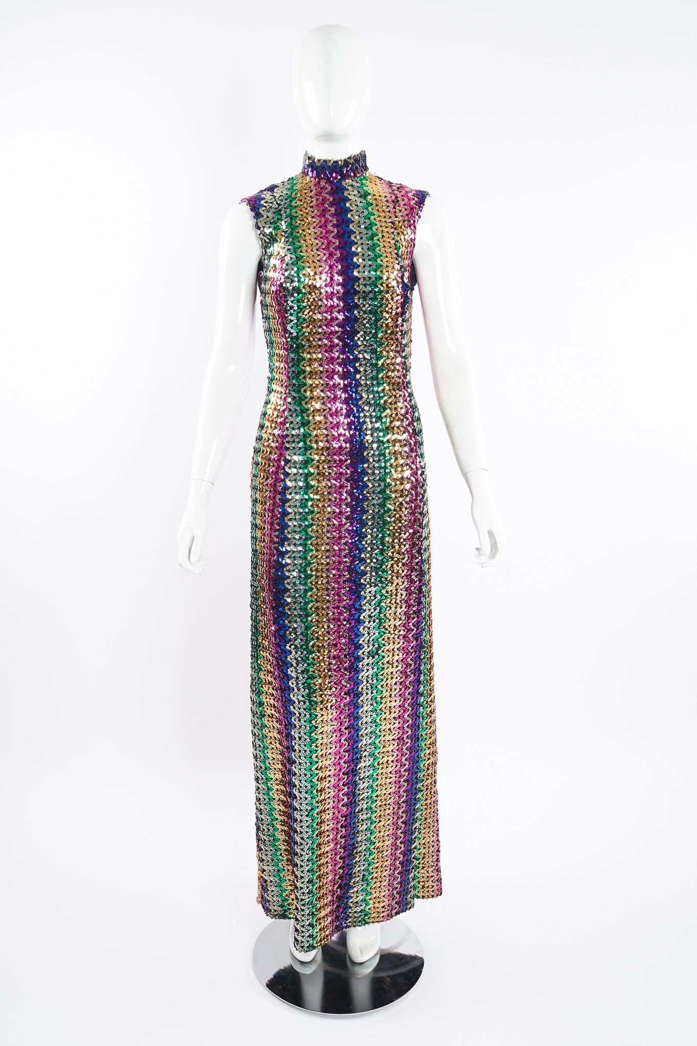 Vintage Rainbow Sequin Sheath Gown on Mannequin front at Recess Los Angeles