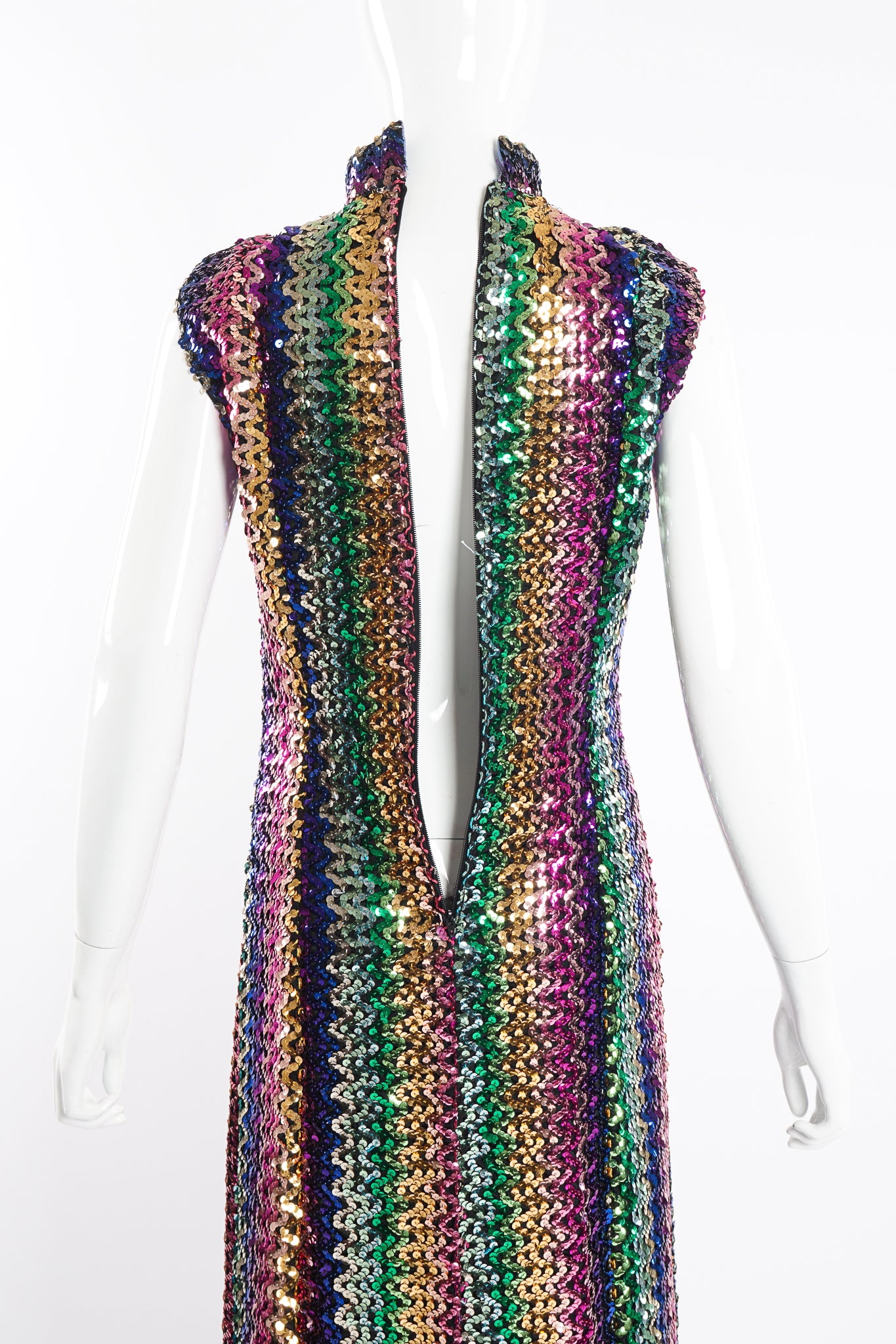 Vintage Rainbow Sequin Sheath Gown on Mannequin zipper at Recess Los Angeles