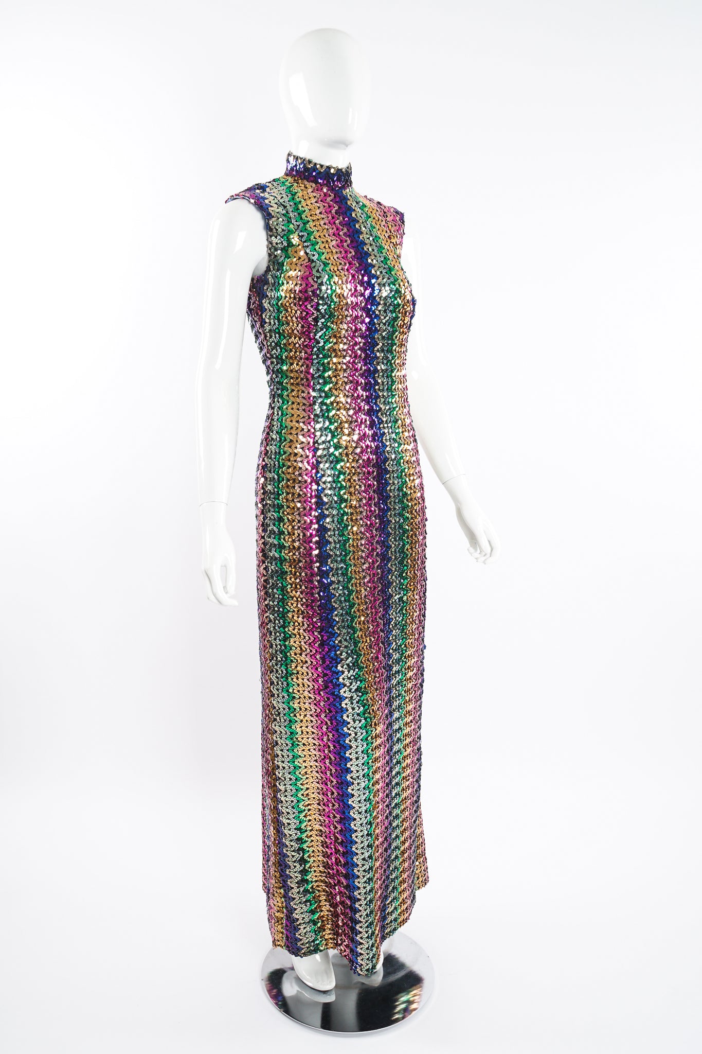 Vintage Rainbow Sequin Sheath Gown on Mannequin angle at Recess Los Angeles