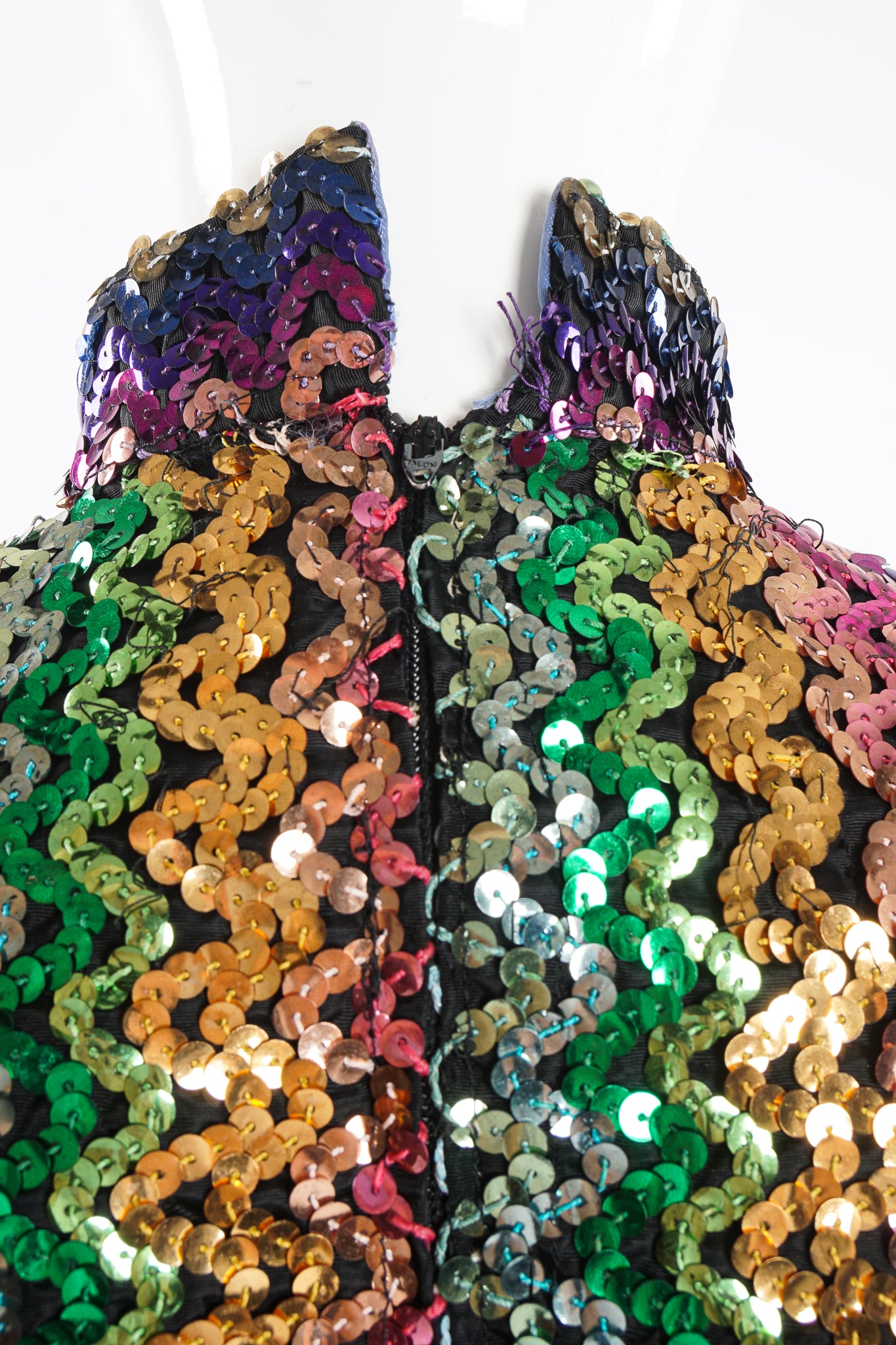 Vintage Rainbow Sequin Sheath Gown on Mannequin back neck at Recess Los Angeles