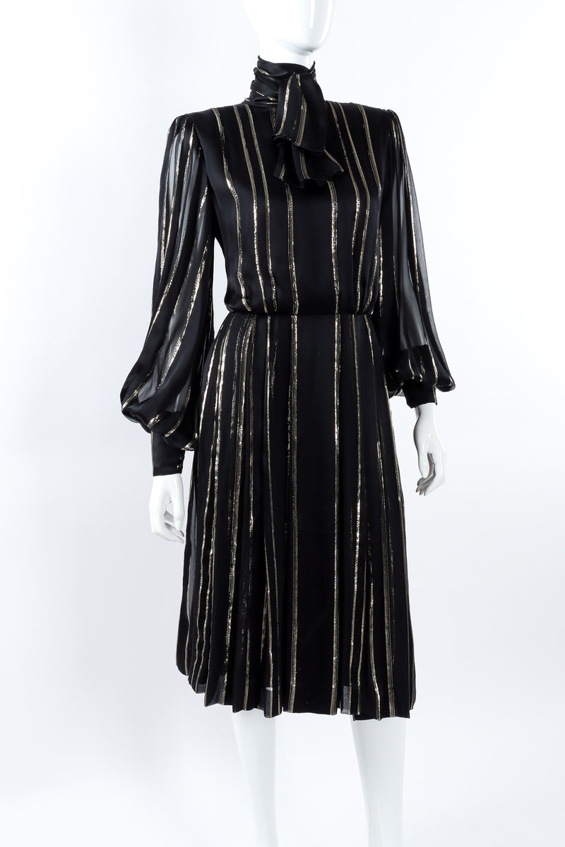 Vintage Nolan Miller Striped Metallic Pussy Bow Midi Dress Recess Vintage Nolan Miller Striped Metallic Pussy Bow Midi Dress Recess