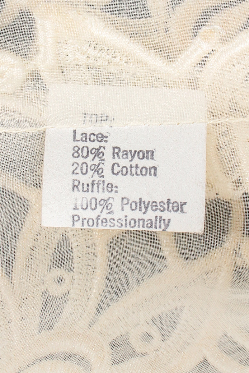 Vintage Nolan Miller Dynasty Lace Ruffle Bridal Wedding Jacket fabric contents at Recess LA