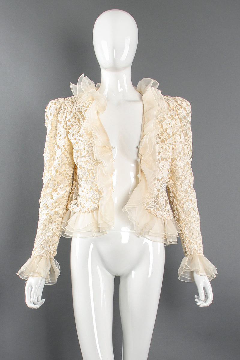 Vintage Nolan Miller Dynasty Lace Ruffle Bridal Wedding Jacket on Mannequin open at Recess LA