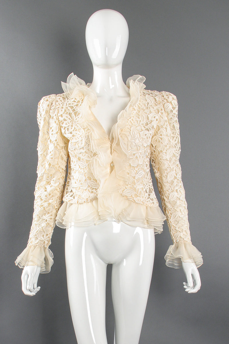 Vintage Nolan Miller Dynasty Lace Ruffle Bridal Wedding Jacket on Mannequin front at Recess LA