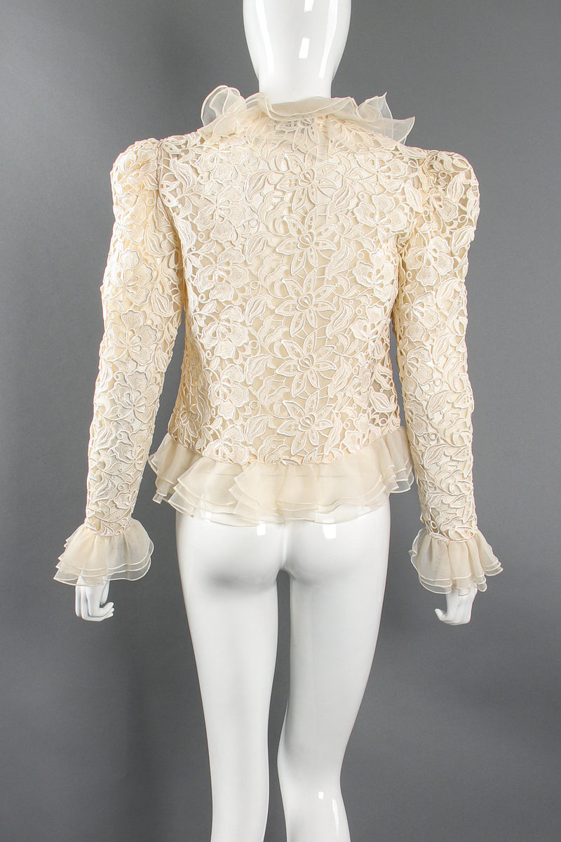 Vintage Nolan Miller Dynasty Lace Ruffle Bridal Wedding Jacket on Mannequin back at Recess LA