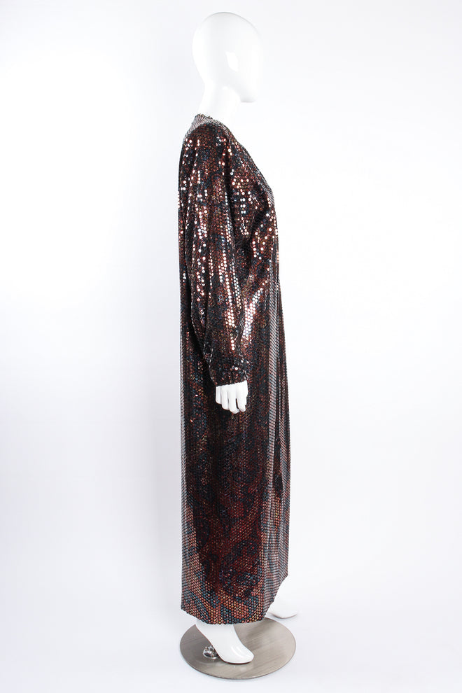 Vintage Nolan Miller Paisley Sequin Duster Coat on mannequin side at Recess Los Angeles