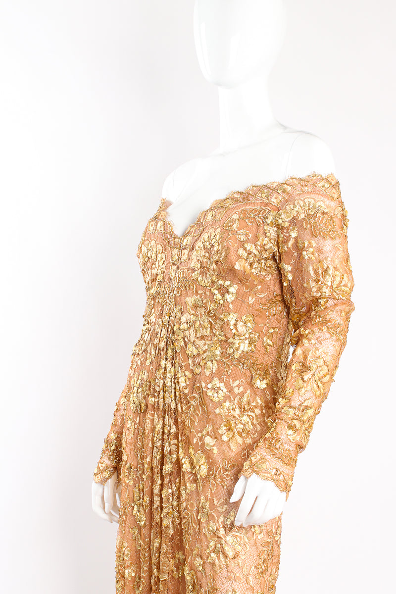 Vintage Nolan Miller Couture Embellished Metallic Lace Gown on Mannequin crop at Recess Los Angeles