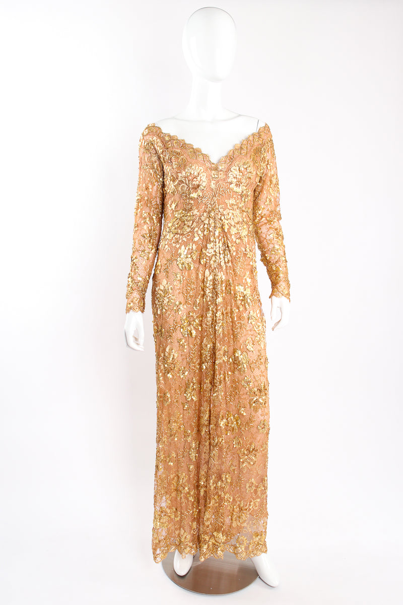 Vintage Nolan Miller Couture Embellished Metallic Lace Gown on Mannequin front at Recess Los Angeles