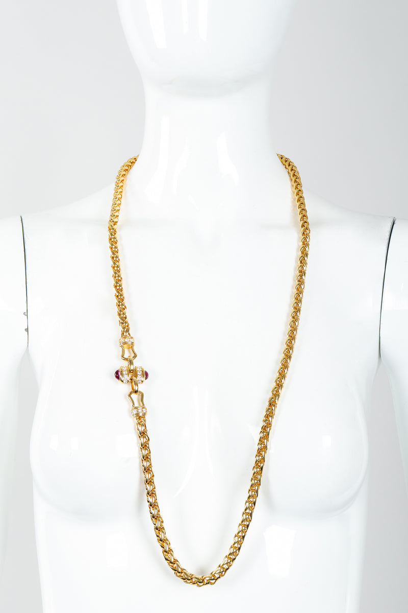 Vintage Nolan Miller Pink Jeweled Cabochon Spiga Gold Chain Necklace on Mannequin