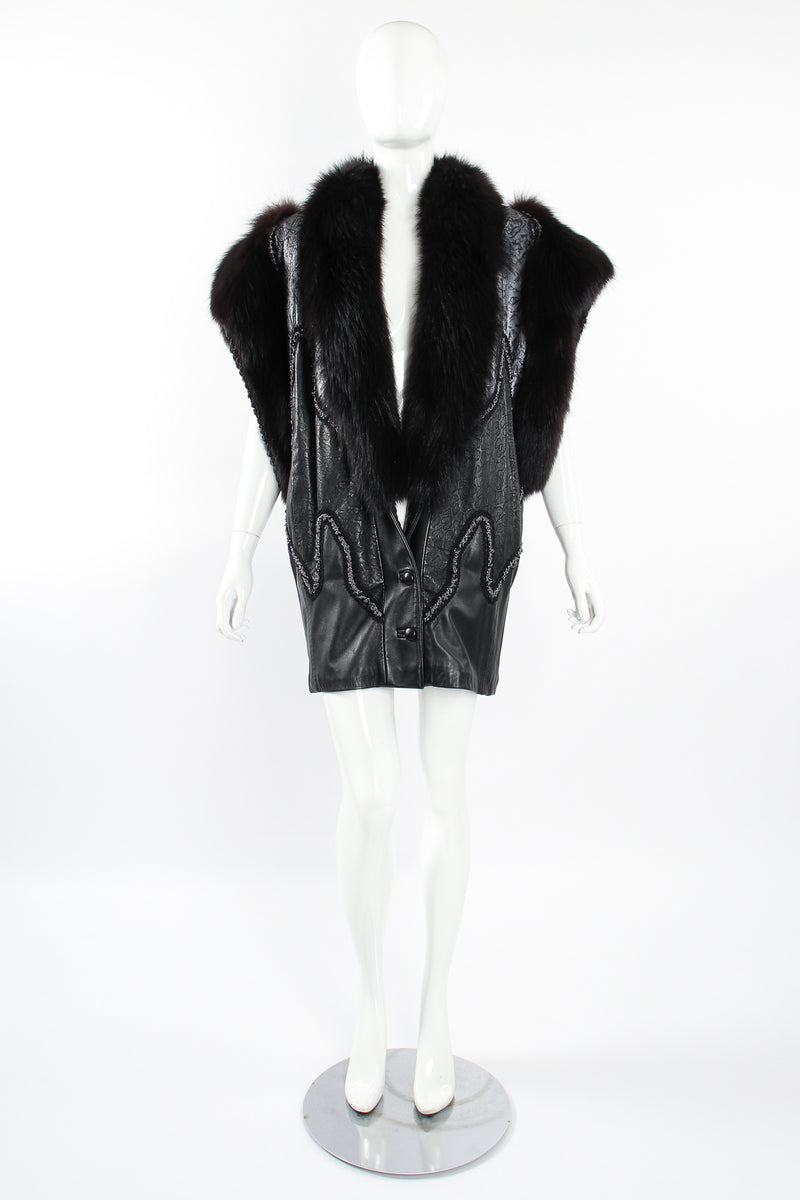 Vintage Norma Canada Long Leather & Fur Vest on Mannequin front at Recess Los Angeles