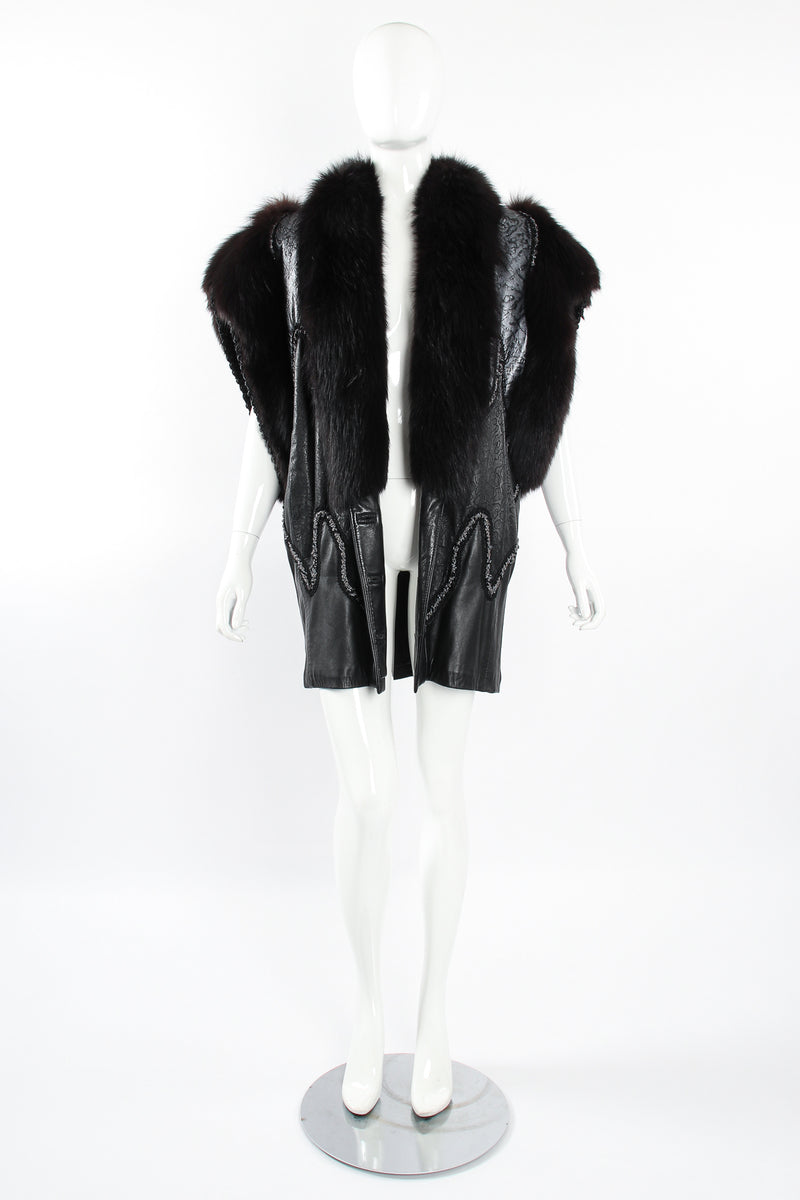 Vintage Norma Canada Long Leather & Fur Vest on Mannequin open at Recess Los Angeles