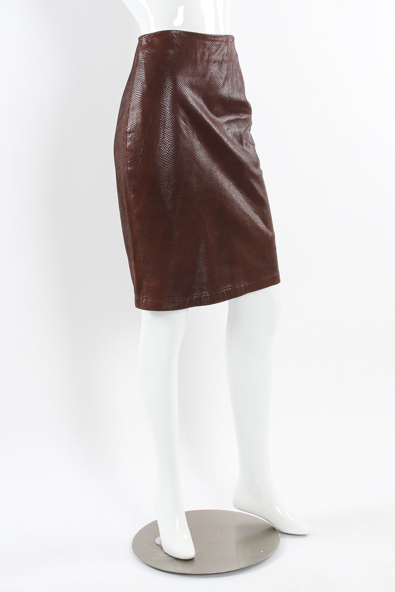 Vintage Omo Norma Kamali Snake Embossed Leather Skirt mannequin side @ Recess LA