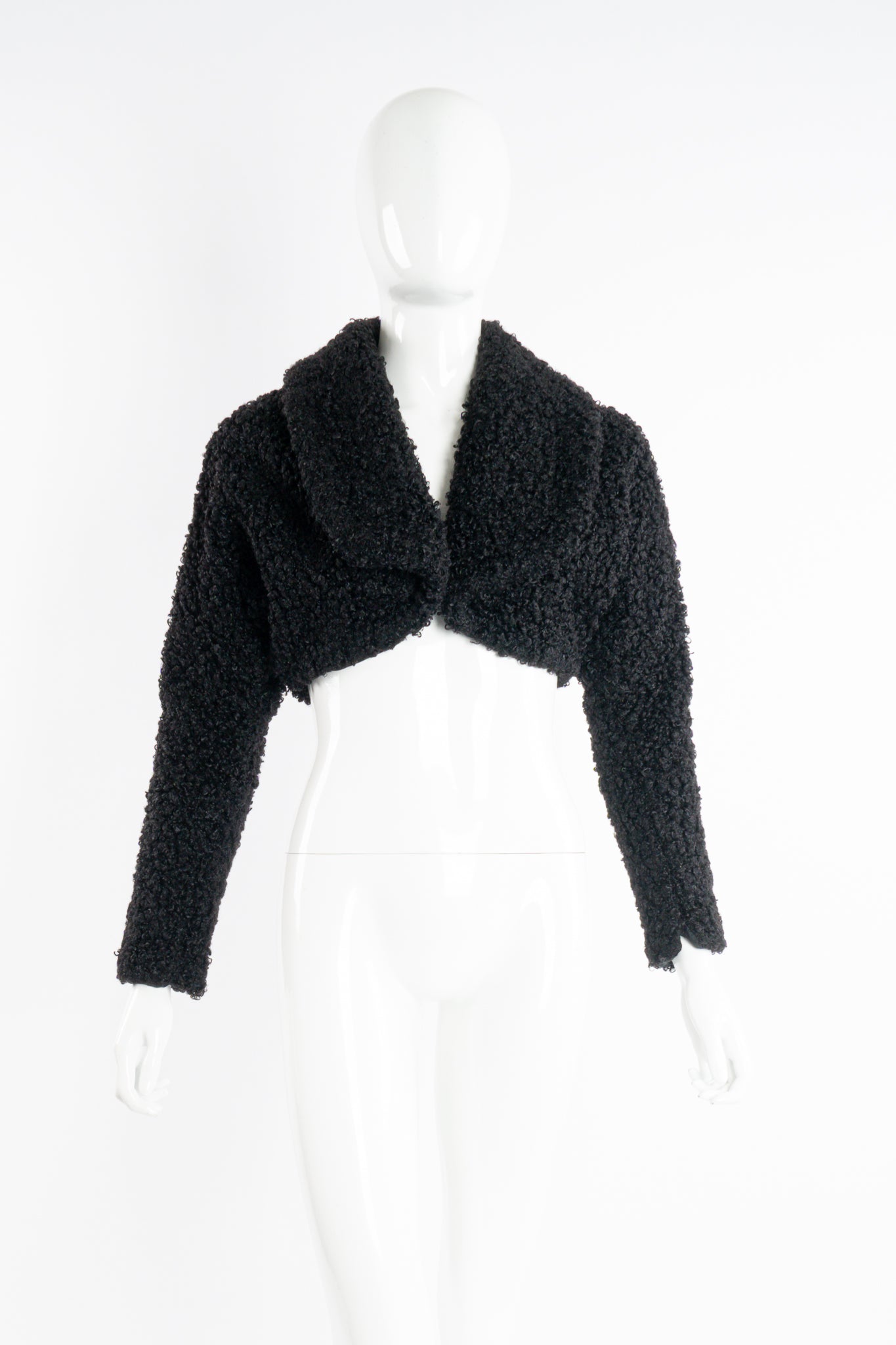 Vintage Norma Kamali Curly Faux Fur Bolero Jacket on Mannequin front at Recess Los Angeles