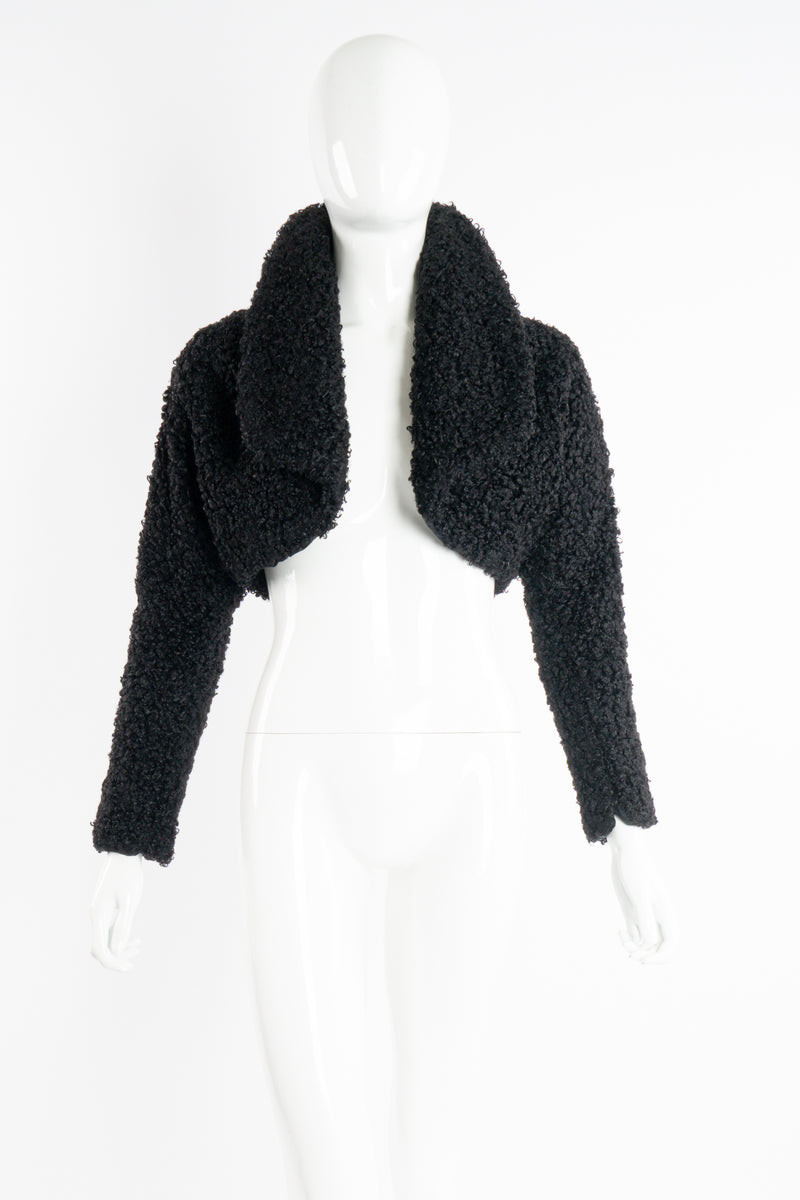 Vintage Norma Kamali Curly Faux Fur Bolero Jacket on Mannequin front open at Recess Los Angeles