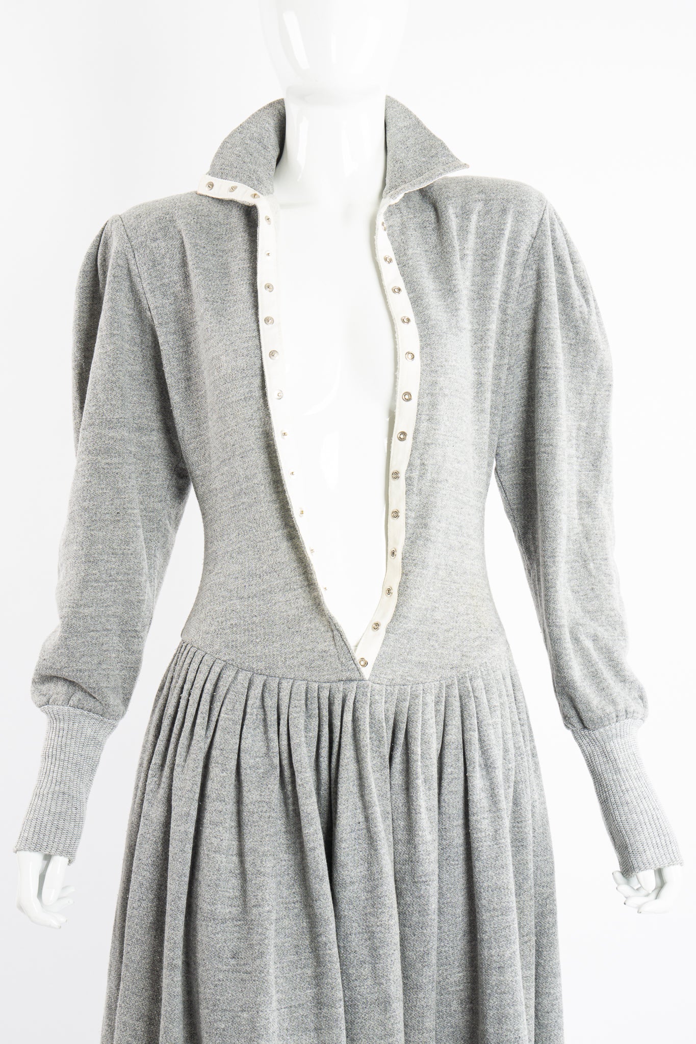 Vintage Norma Kamali Iconic Fleece Sweatshirt Dress on Mannequin neck open at Recess Los Angeles