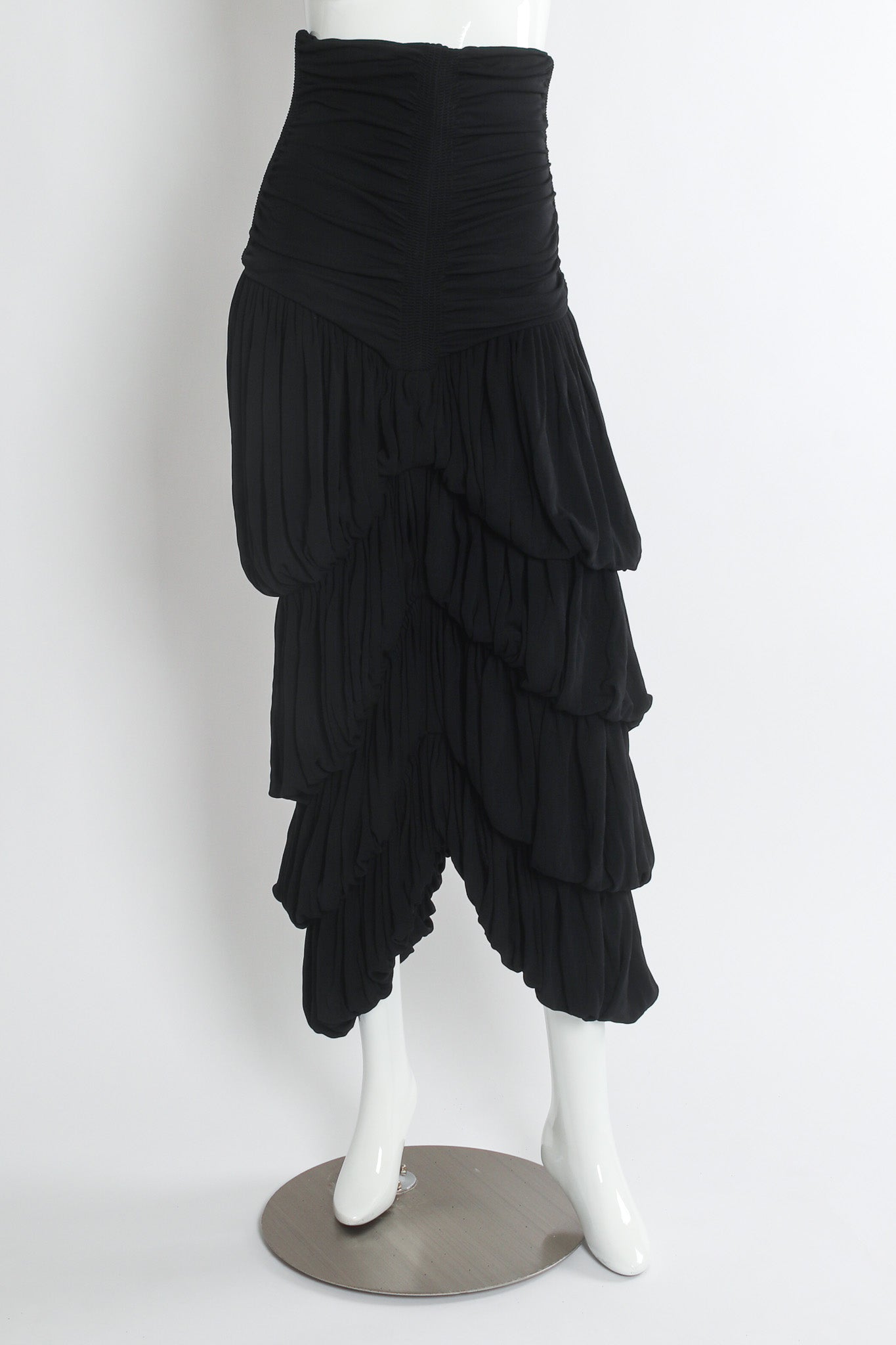 Vintage Omo Norma Kamali Prachute Drape Tiered Skirt mannequin front @ Recess Los Angeles