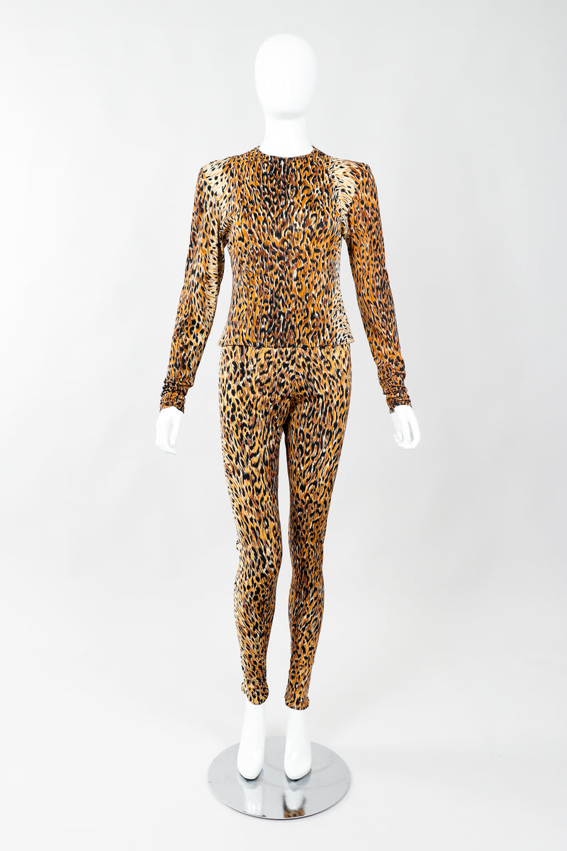 Vintage Norma Kamali Slinky Animal Print Top & Pant Leisure Set on Mannequin front, at Recess