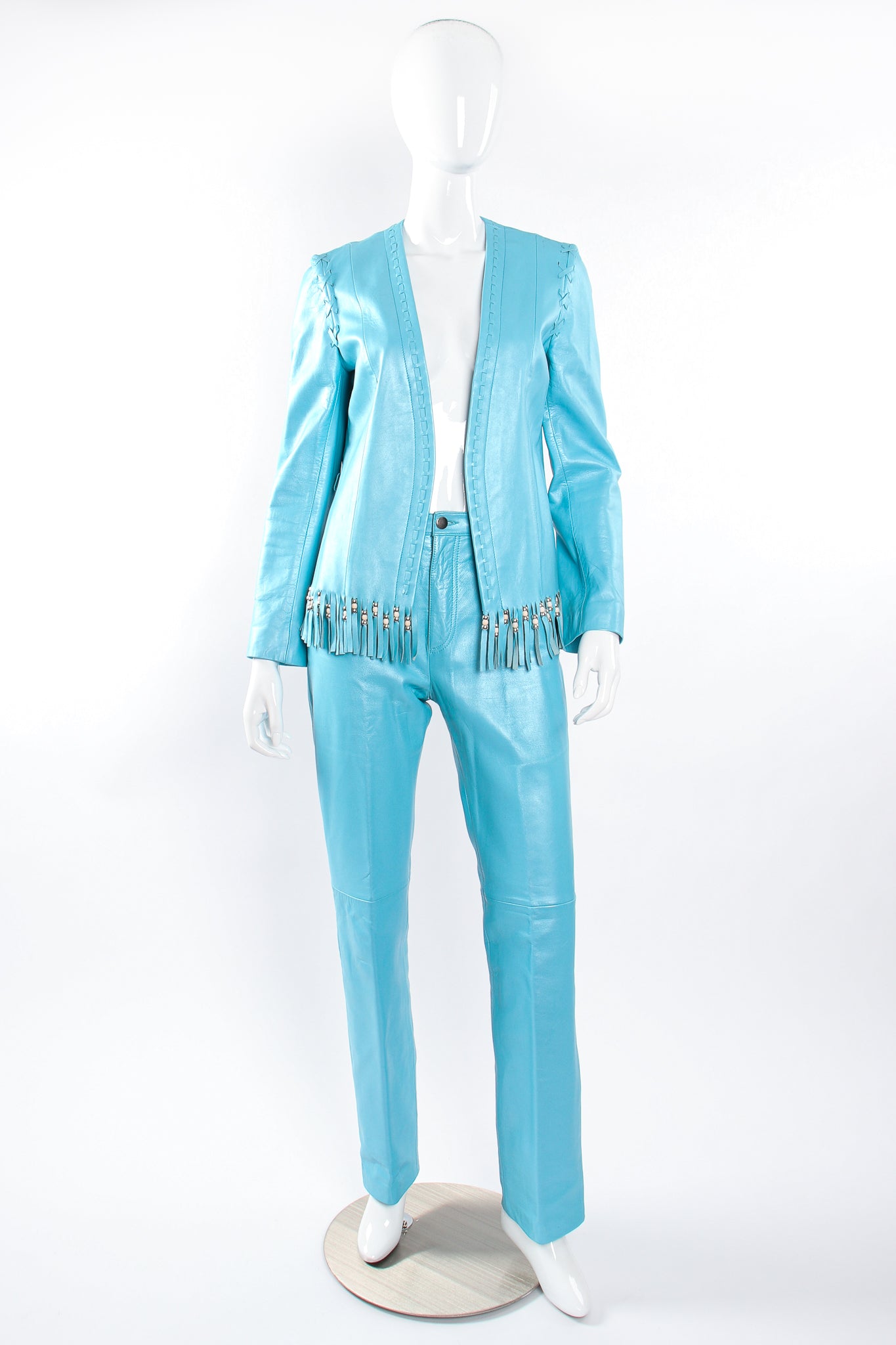 Vintage Michael Hoban North Beach Leather Fringed Jacket & Pant Set on Mannequin open @ Recess LA