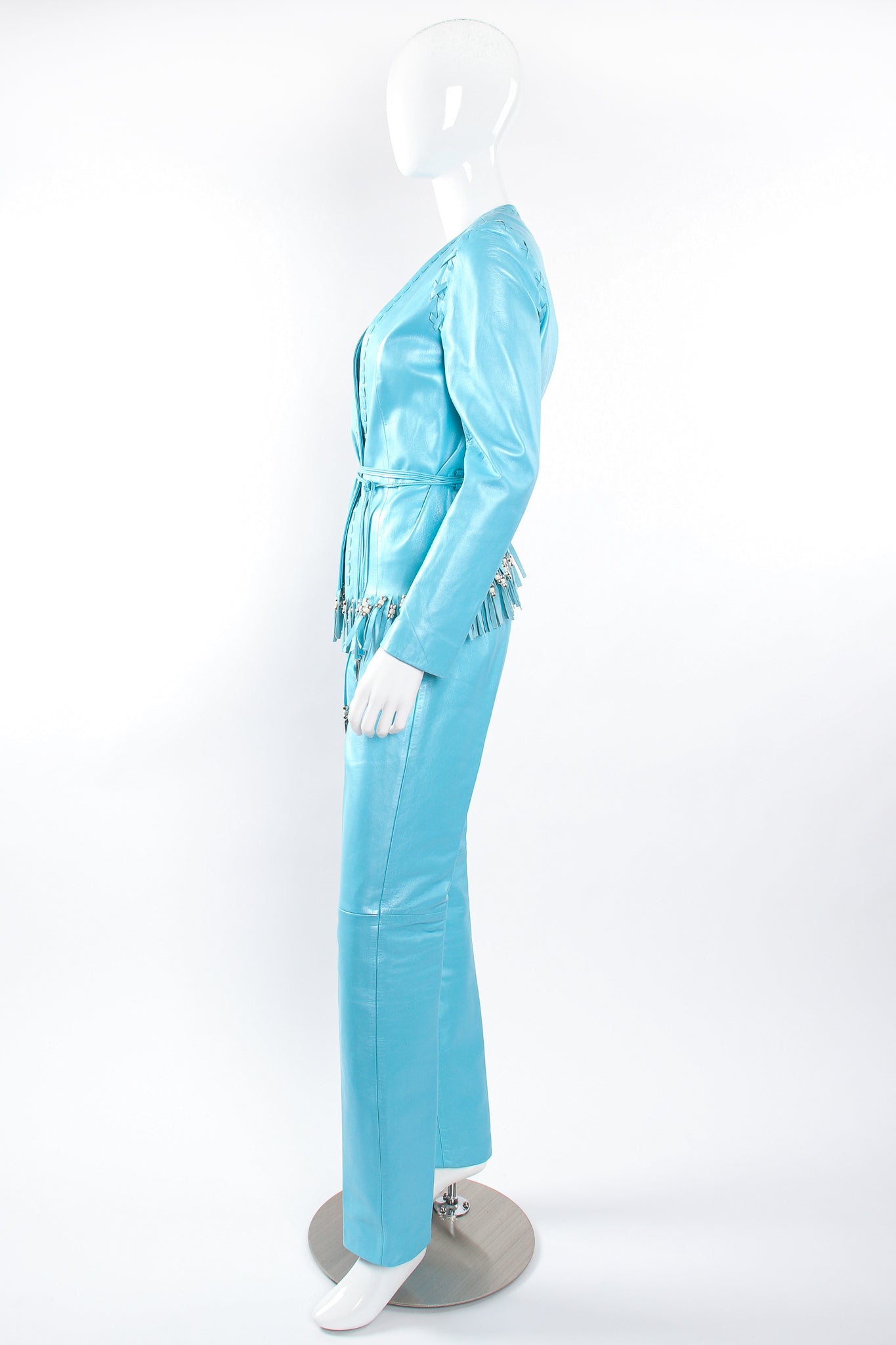 Vintage Michael Hoban North Beach Leather Fringed Jacket & Pant Set on Mannequin side @ Recess LA