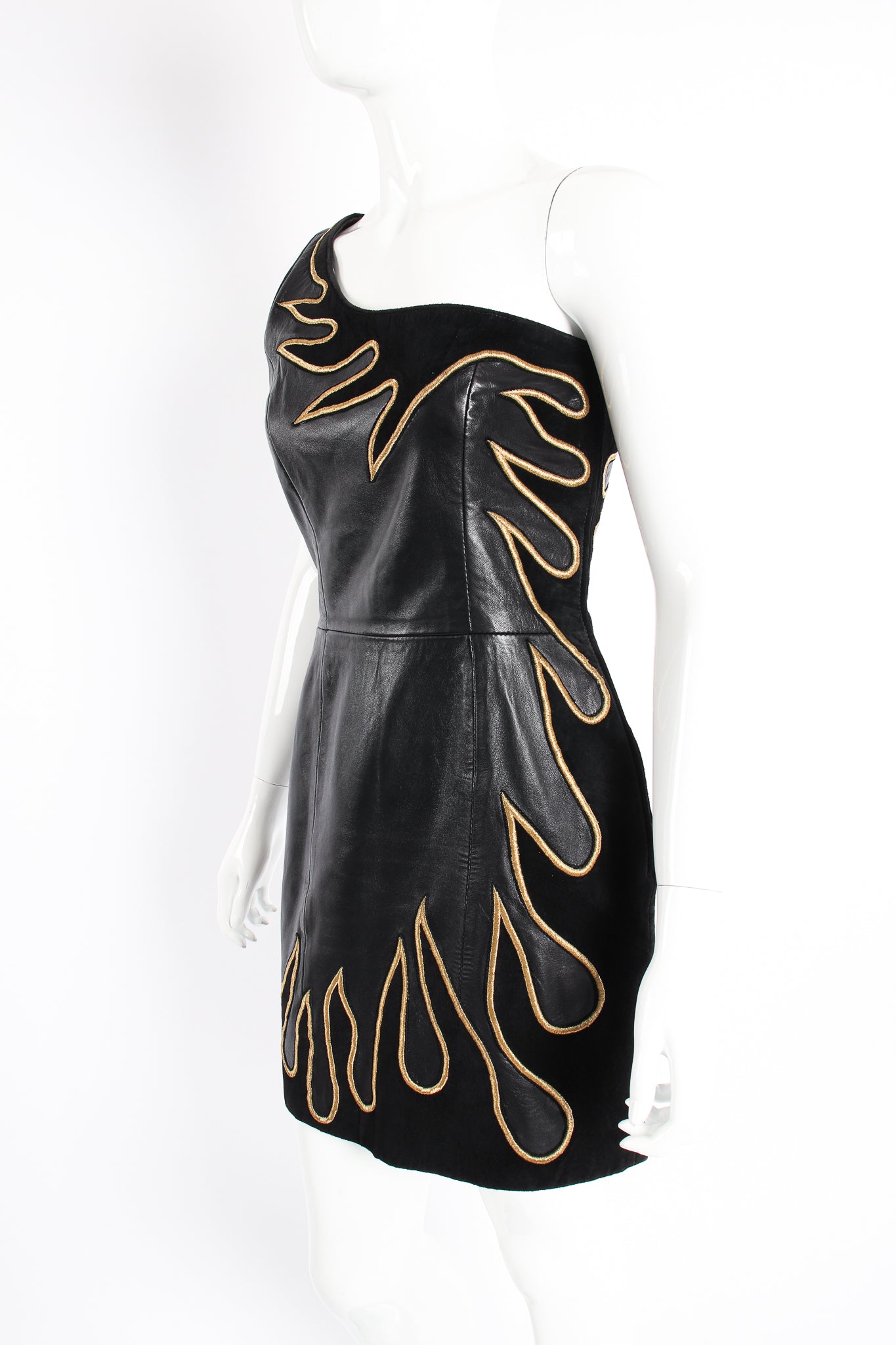 Vintage North Beach Leather One-Shoulder Leather Suede Flame Dress on Mannequin crop at Recess LA