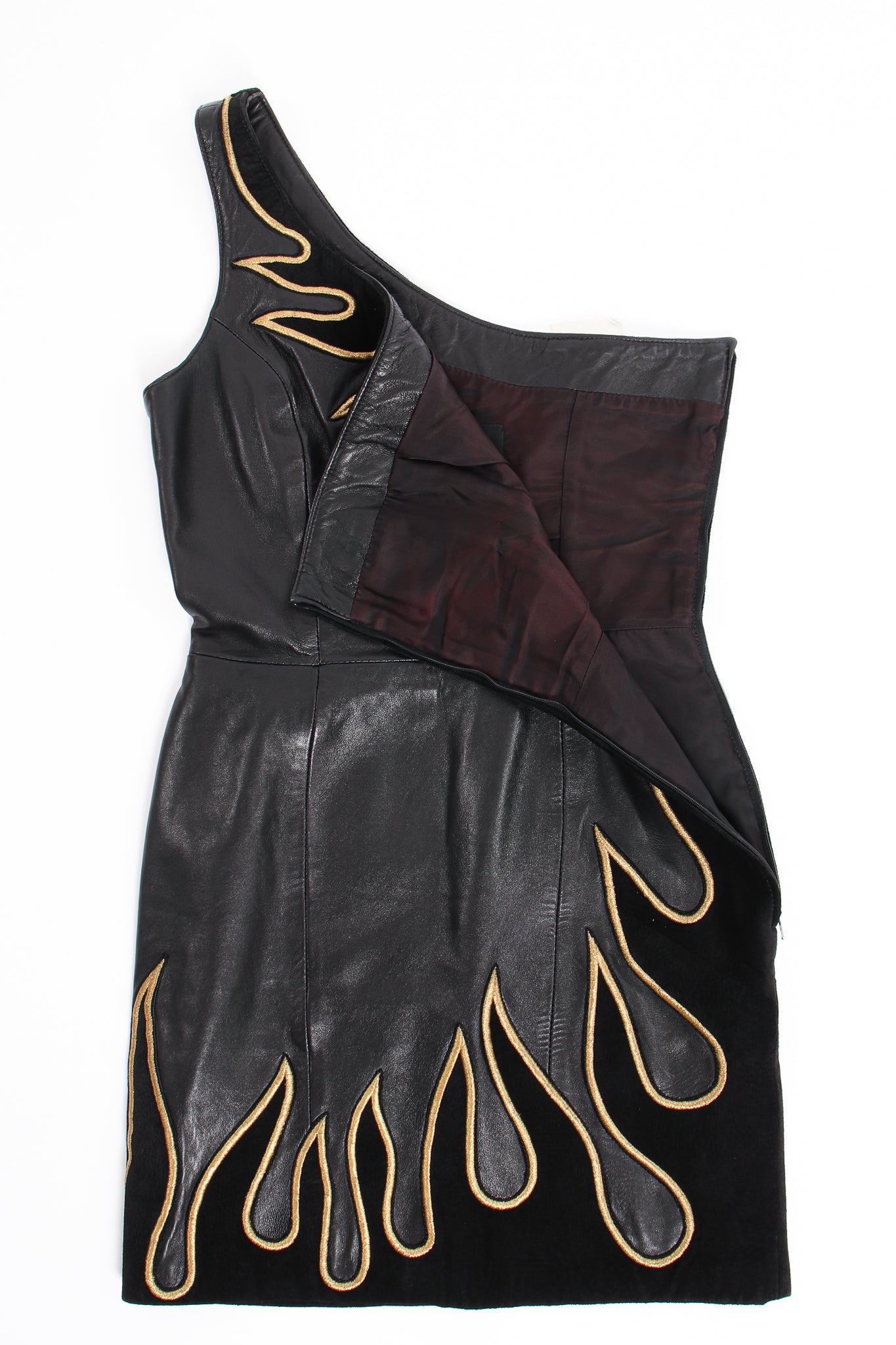 Vintage North Beach Leather One-Shoulder Leather Suede Flame Dress lining discoloration @ Recess LA
