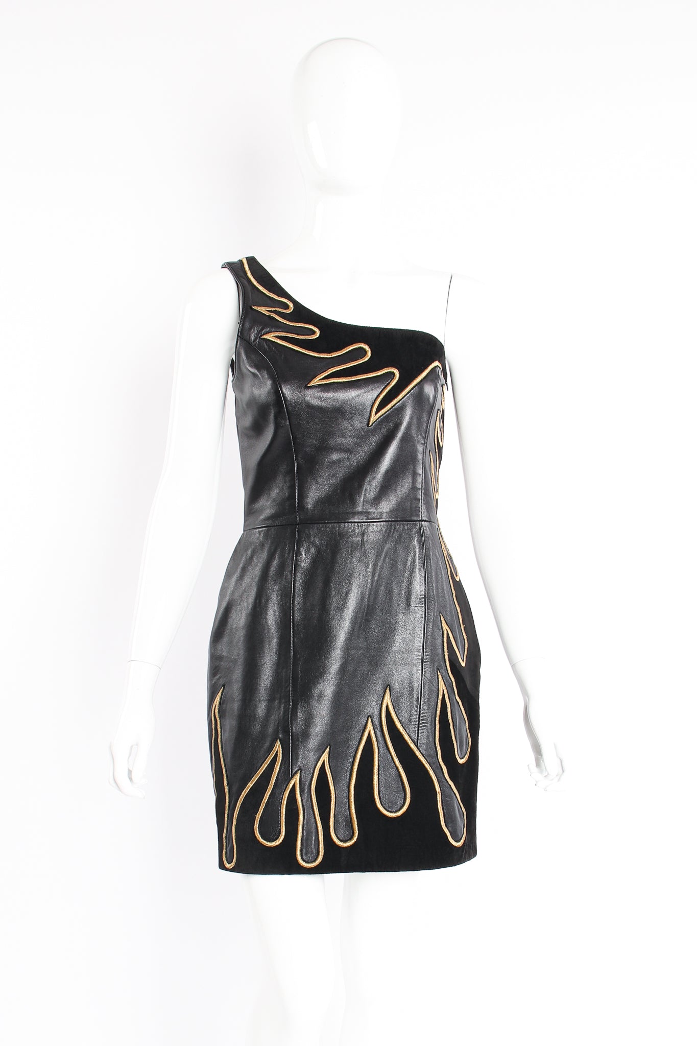 Vintage North Beach Leather One-Shoulder Leather Suede Flame Dress on Mannequin front at Recess LA