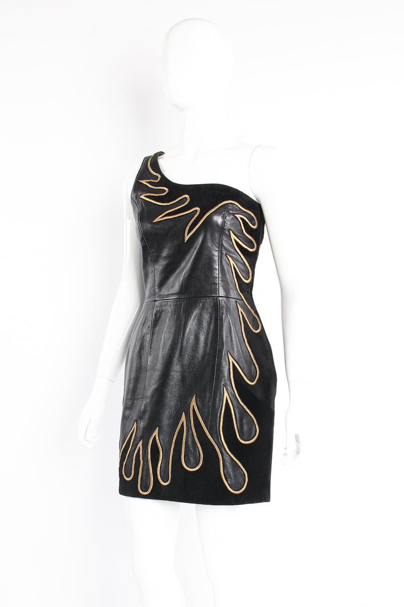 Vintage North Beach Leather One-Shoulder Leather Suede Flame Dress on Mannequin angle at Recess LA