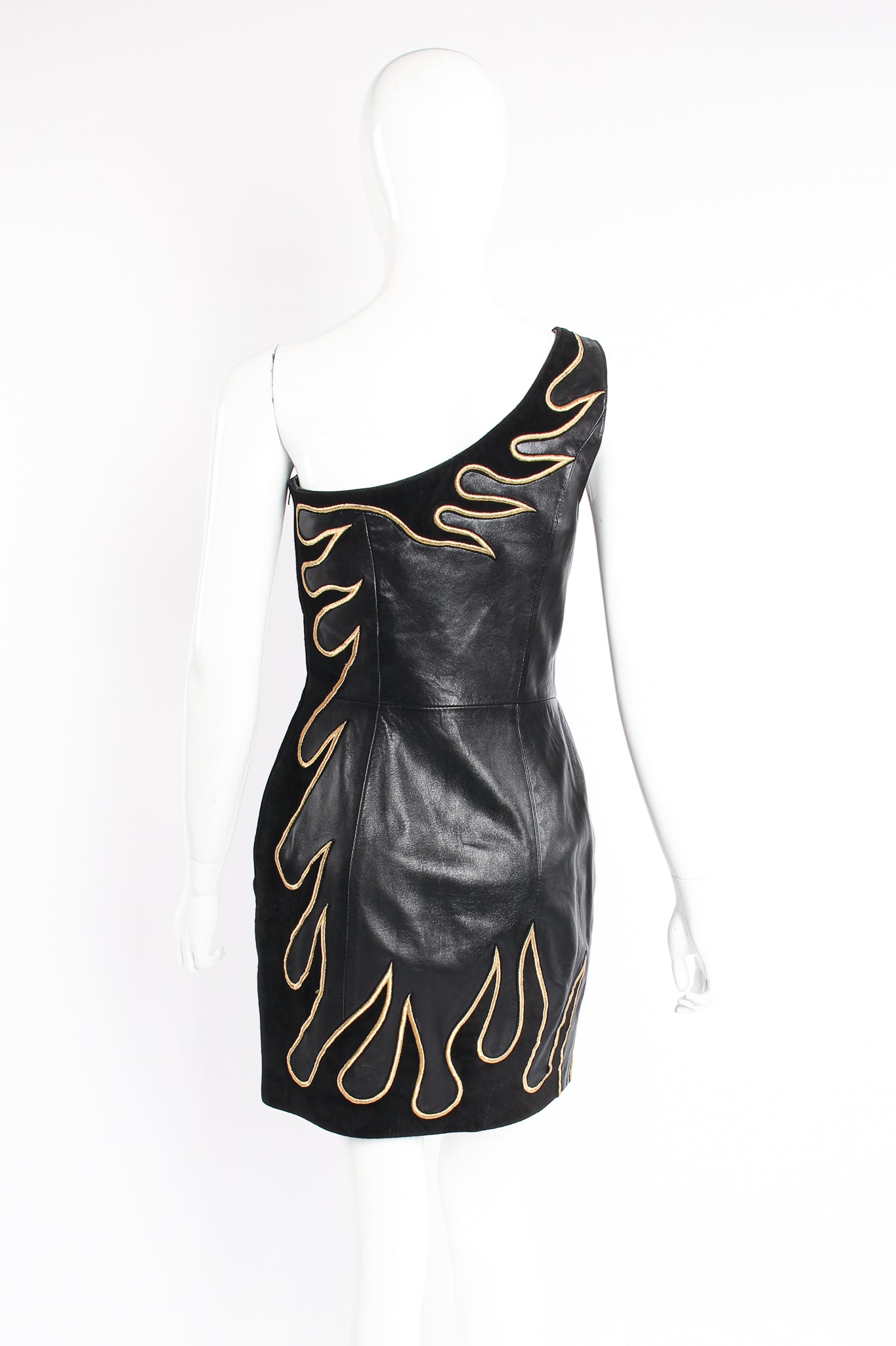 Vintage North Beach Leather One-Shoulder Leather Suede Flame Dress on Mannequin back at Recess LA