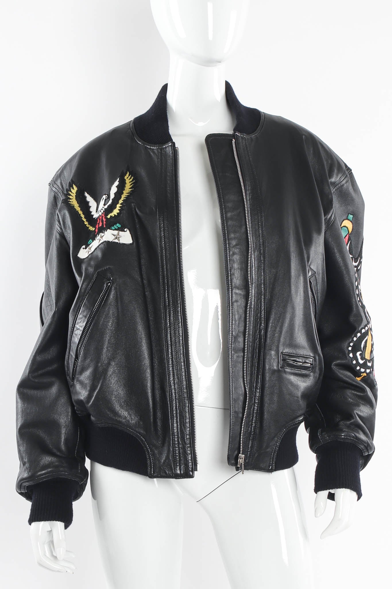 Vintage North Beach Leather Embroidered Rocker Leather Bomber mannequin front unzipped  @ Recess LA
