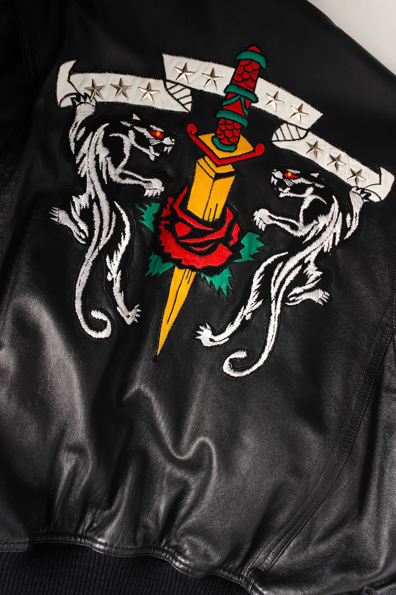 Vintage North Beach Leather Embroidered Rocker Leather Bomber back embroidered close  @ Recess LA