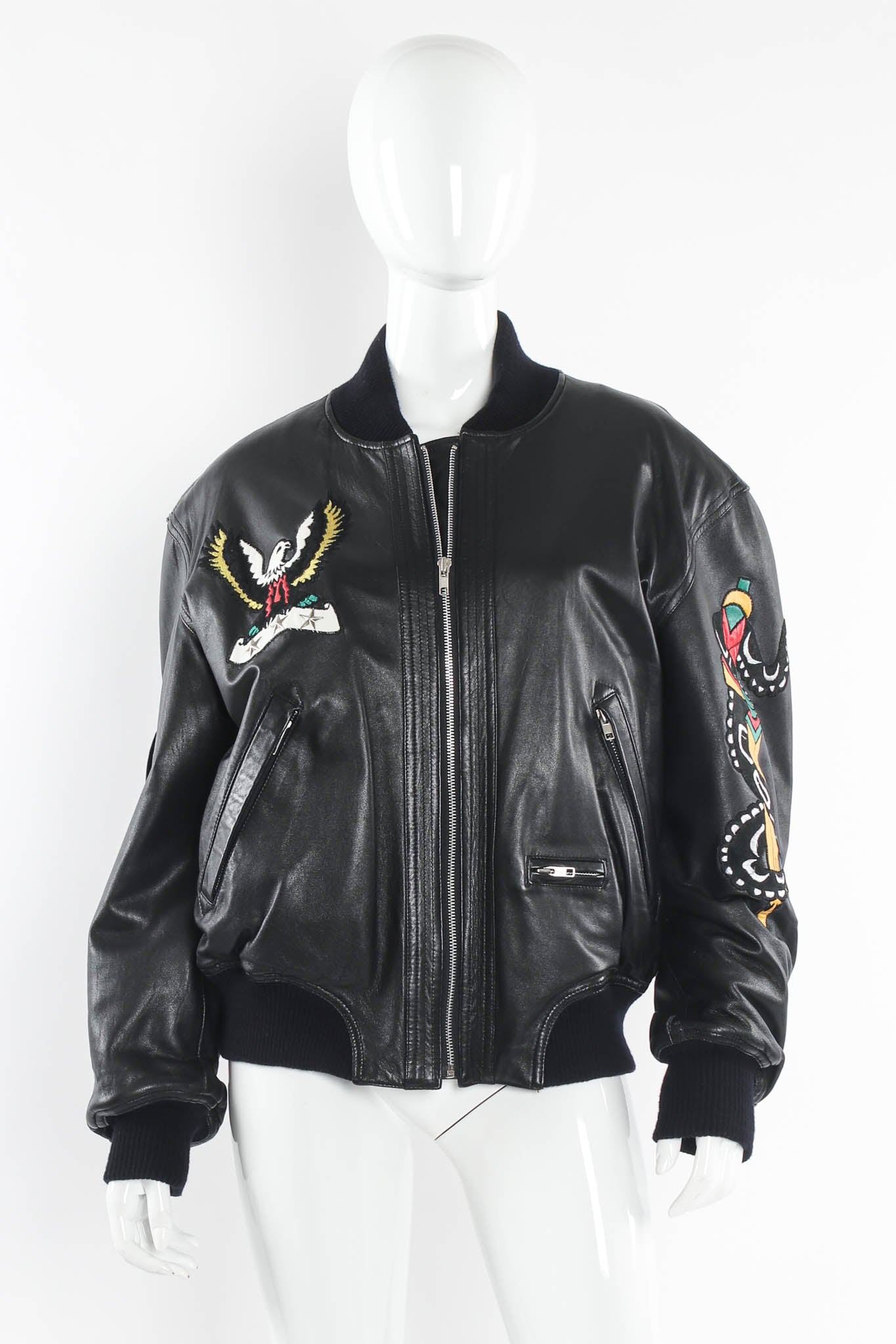 Vintage North Beach Leather Embroidered Rocker Leather Bomber mannequin front @ Recess LA