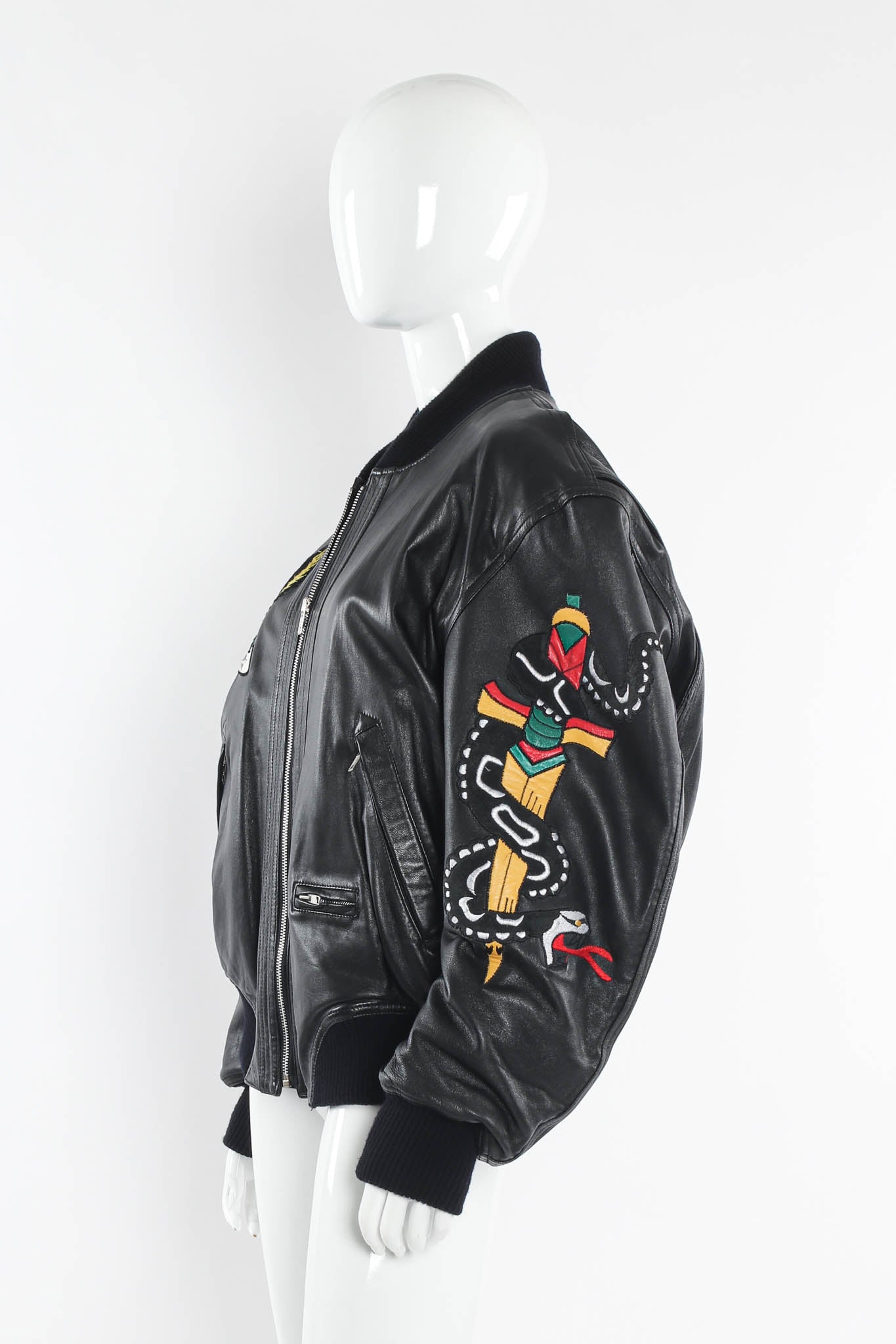 Vintage North Beach Leather Embroidered Rocker Leather Bomber mannequin side  @ Recess LA