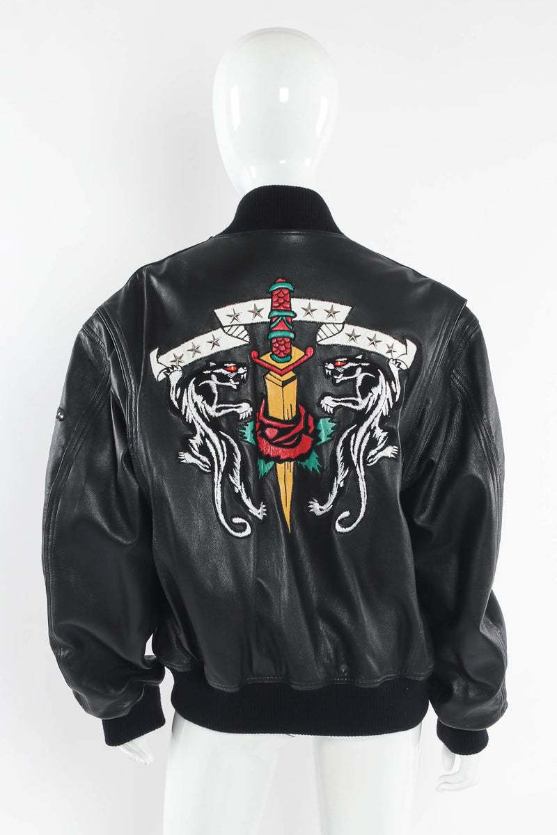Vintage North Beach Leather Embroidered Rocker Leather Bomber mannequin back @ Recess LA