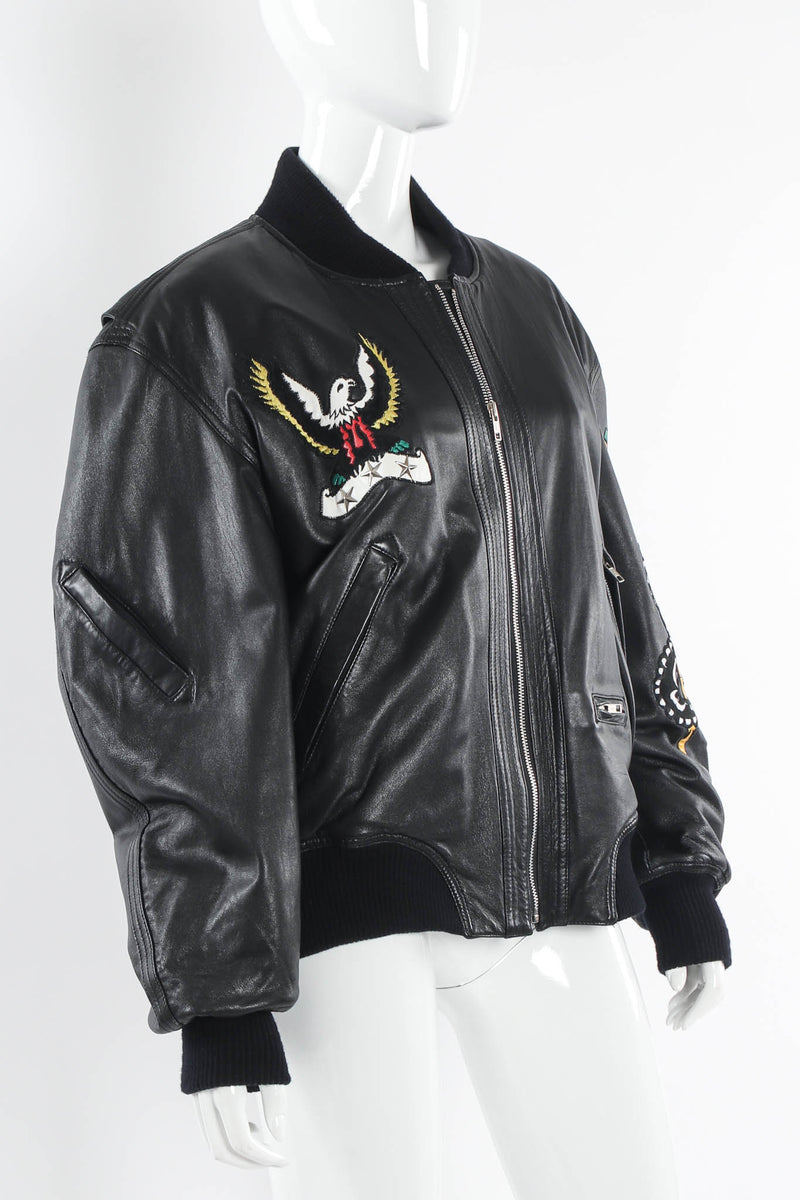 Vintage North Beach Leather Embroidered Rocker Leather Bomber mannequin side angle @ Recess LA