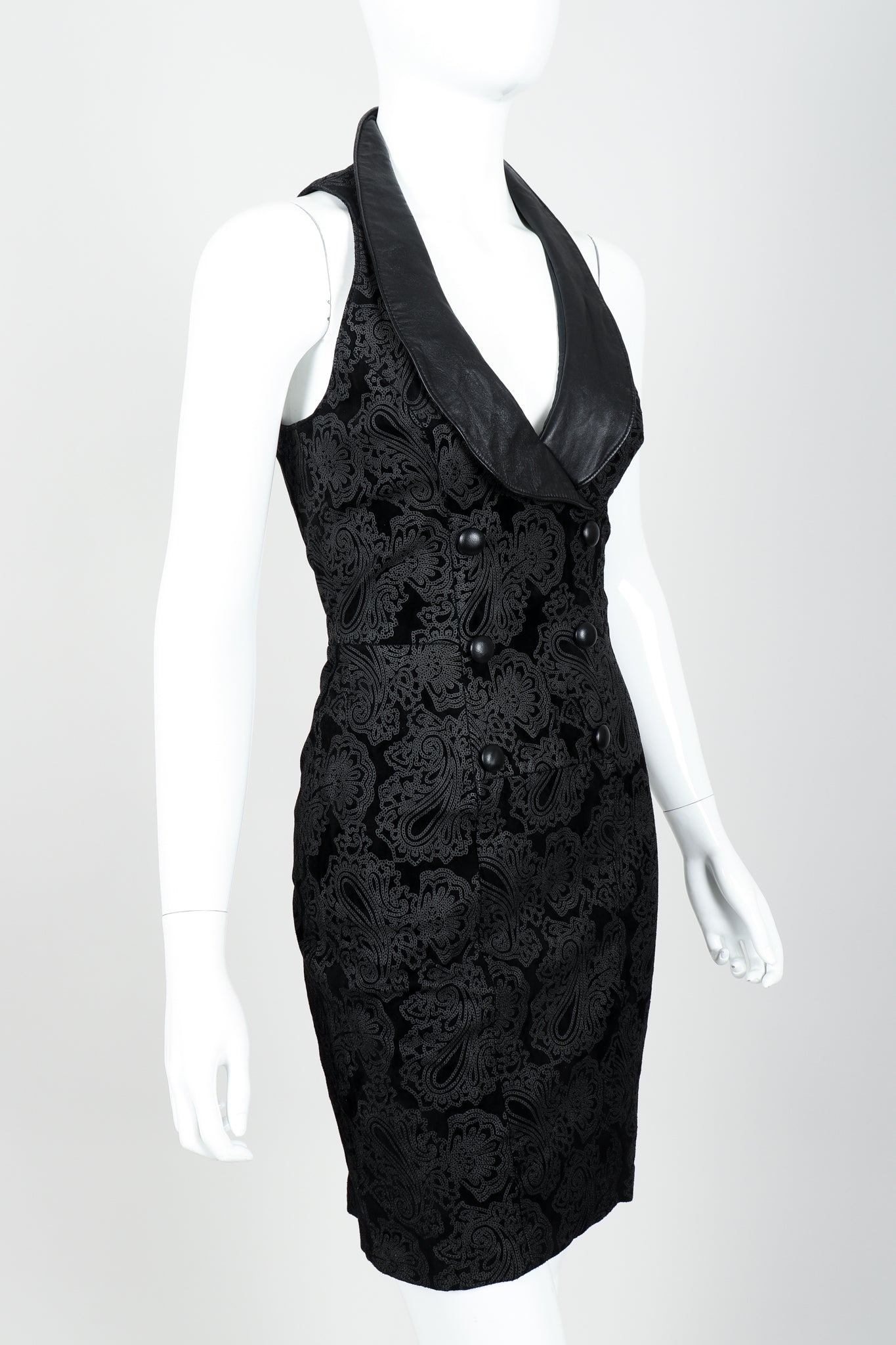 Vintage North Beach Leather Paisley Tuxedo Dress on Mannequin Angled at Recess