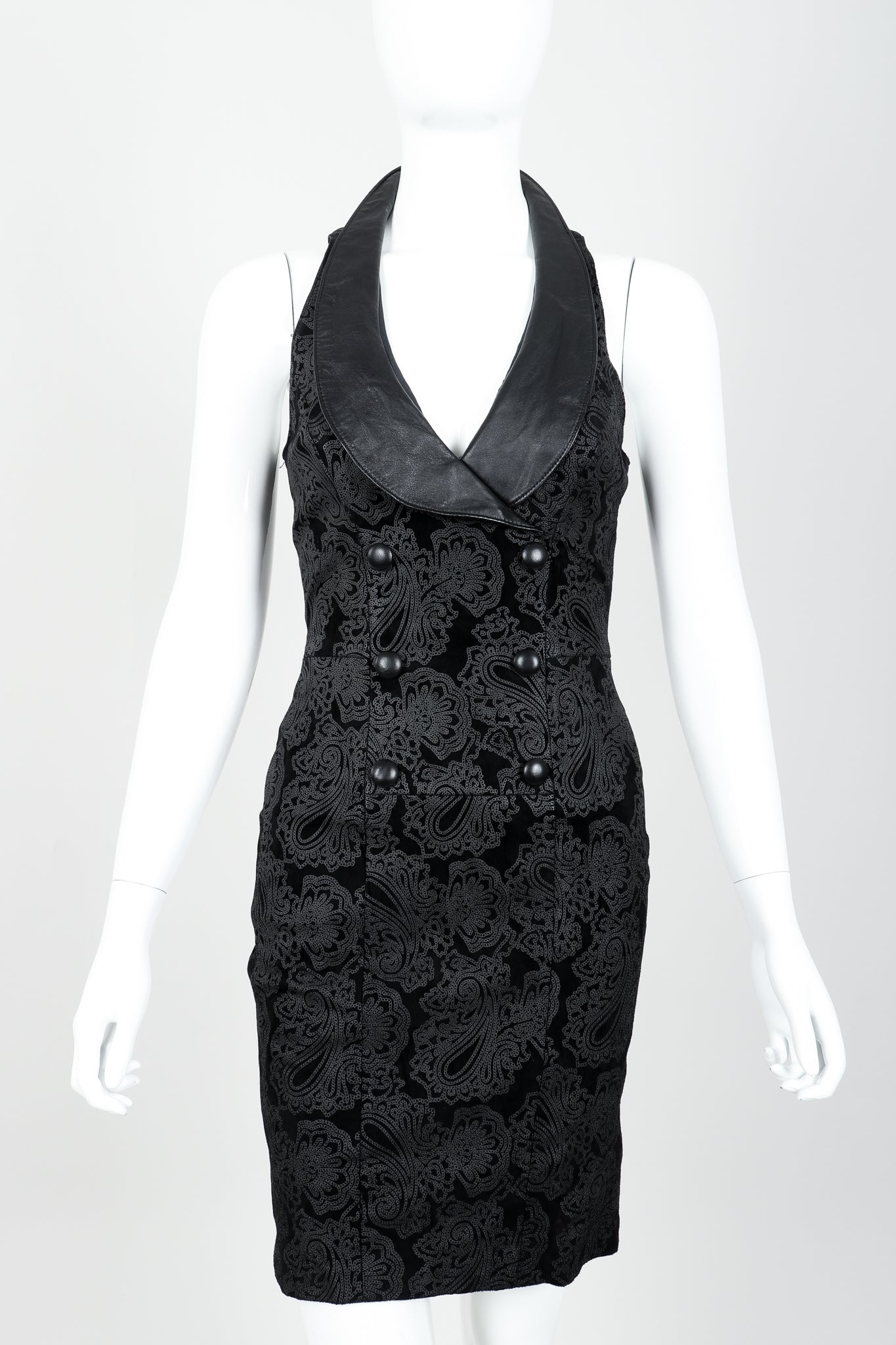 Vintage North Beach Leather Paisley Tuxedo Dress on Mannequin Front Crop at Recess
