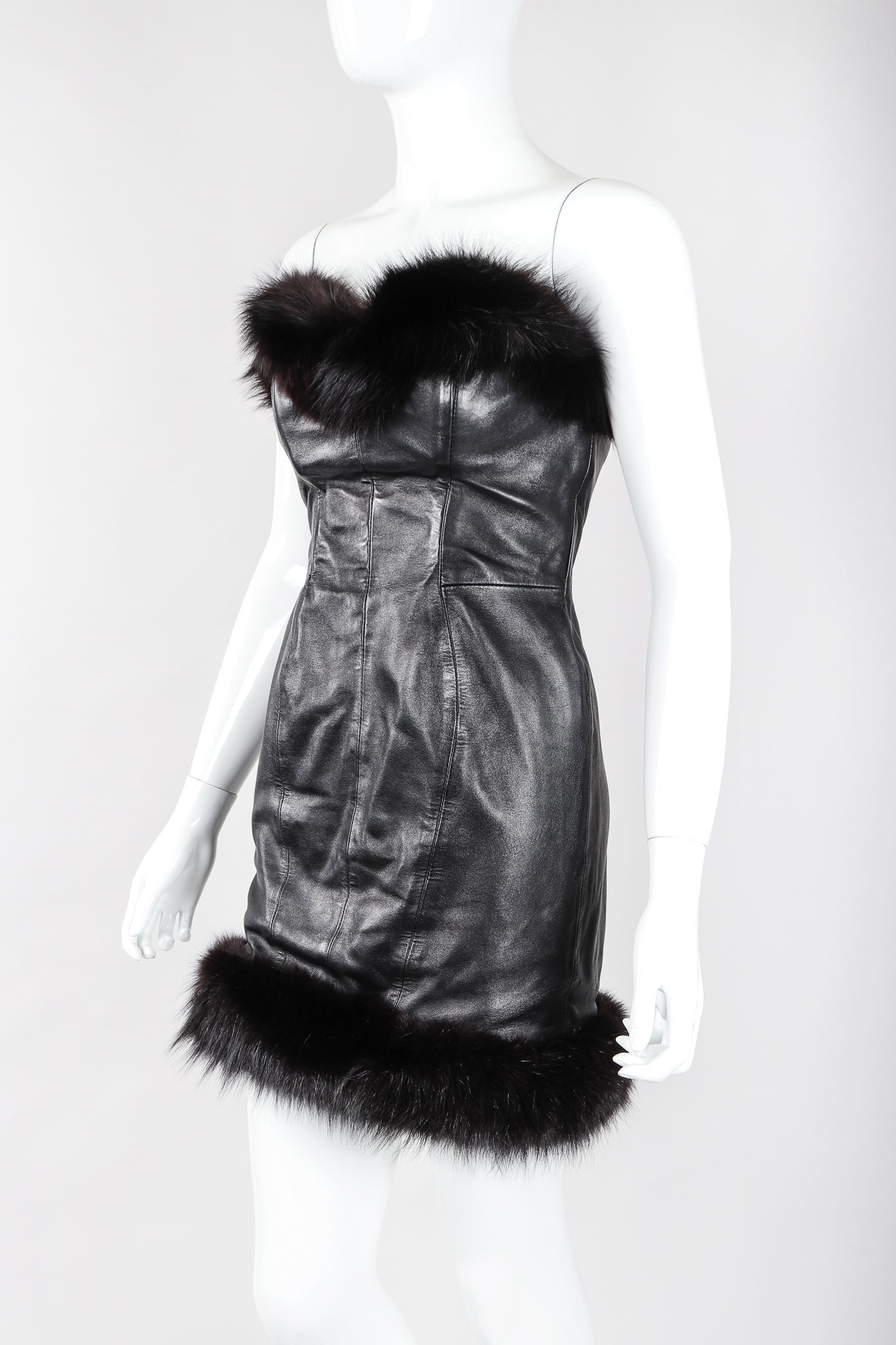 Recess Designer Consignment Vintage North Beach Leather Michael Hoban Fur Trimmed Leather Strapless Cocktail Sheath Dress Los Angeles Resale