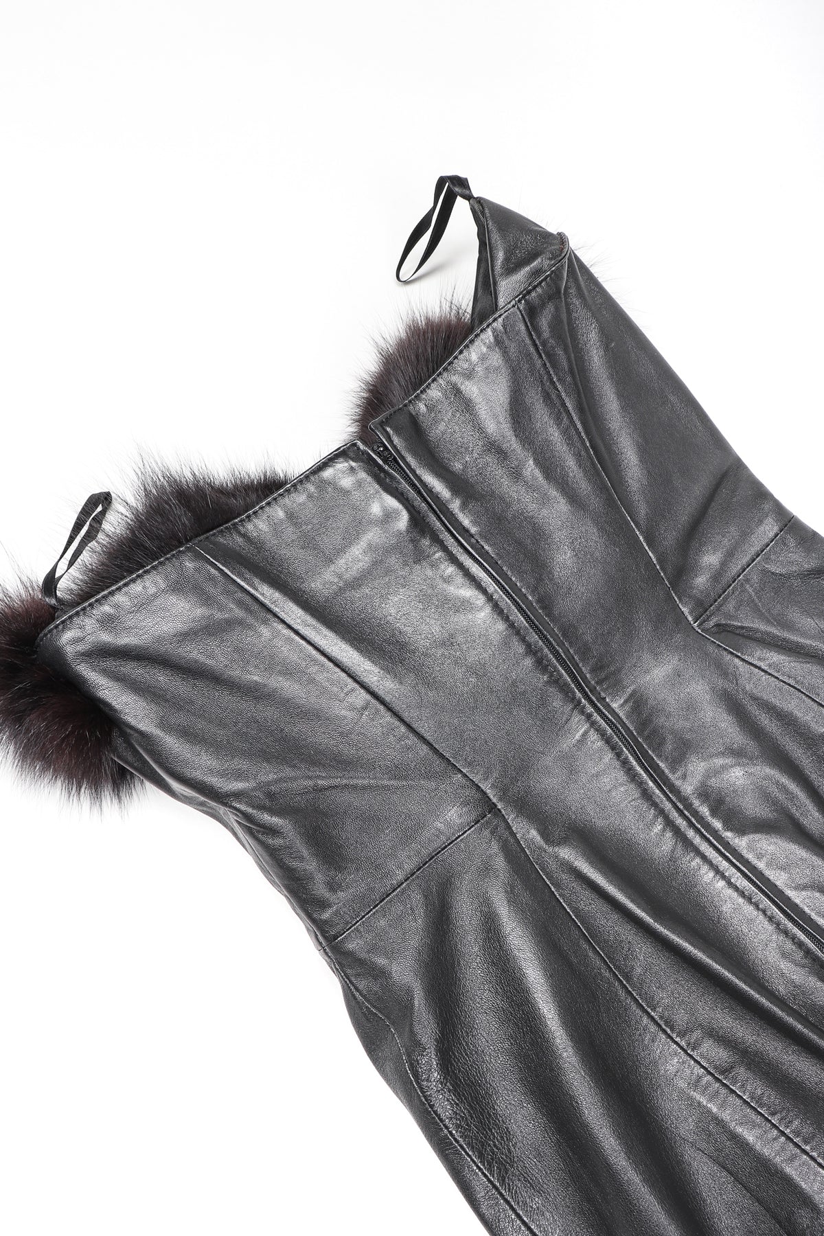 Vintage North Beach Leather Michael Hoban Fur Trimmed Leather Strapless Sheath Dress Recess Vintage North Beach Leather Michael Hoban Fur Trimmed Leather Strapless Sheath Dress Recess