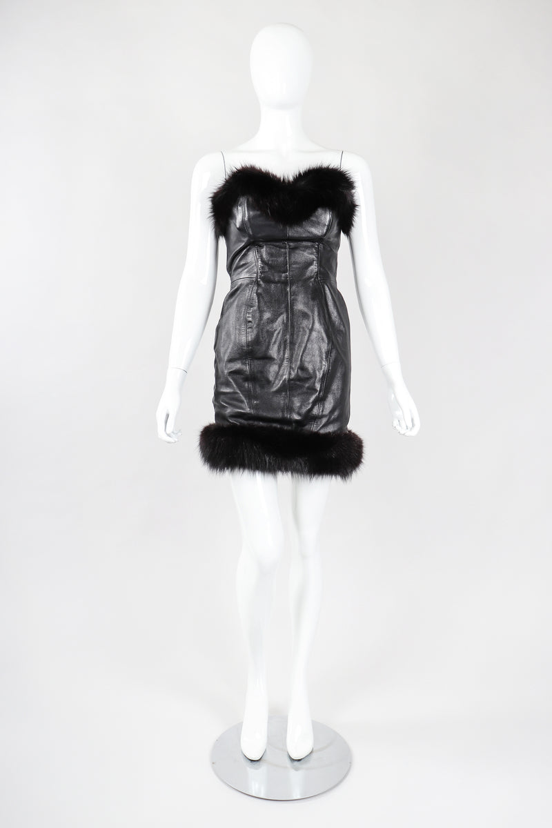 Recess Designer Consignment Vintage North Beach Leather Michael Hoban Fur Trimmed Leather Strapless Cocktail Sheath Dress Los Angeles Resale