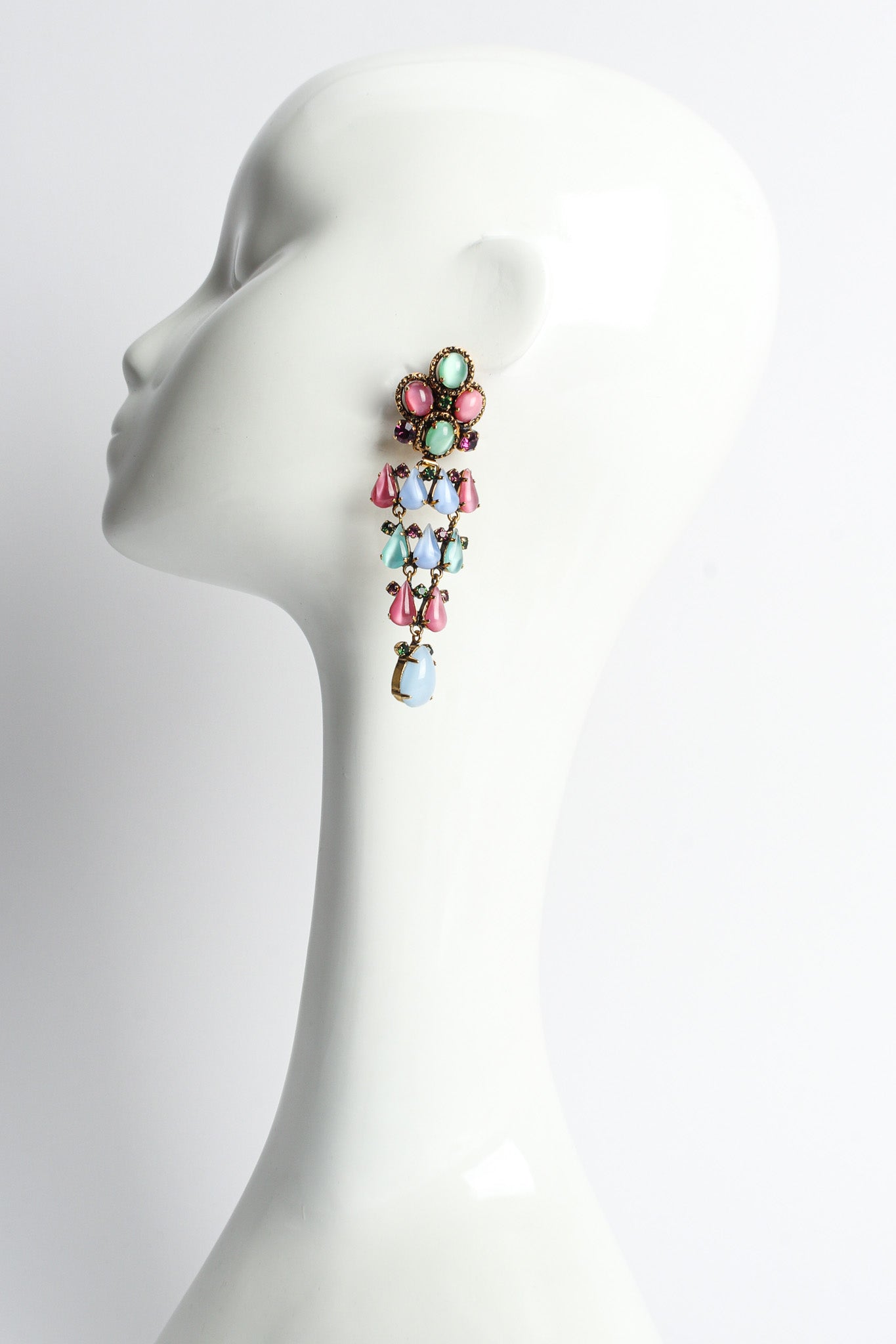 Vintage Novecento Floral Glass Stone Chandelier Earrings on mannequin @ Recess LA